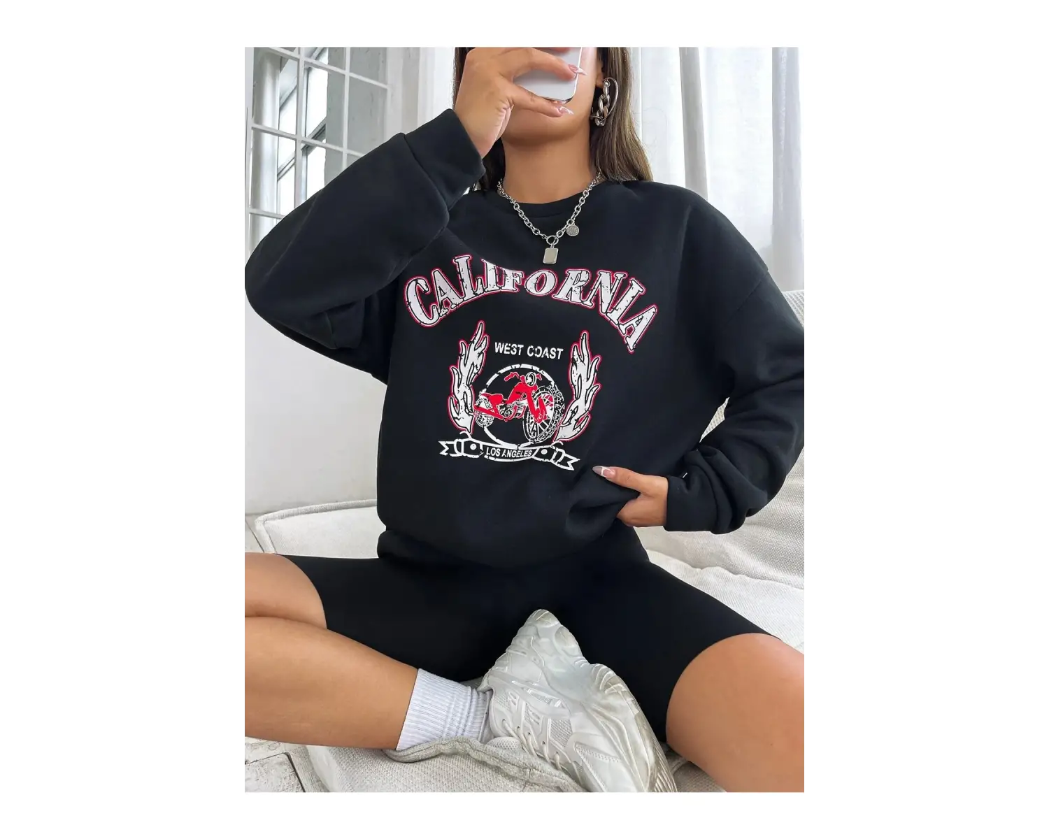 Unisex Calıfornia Baskılı Kapüşonlu Sweatshirt Beyaz