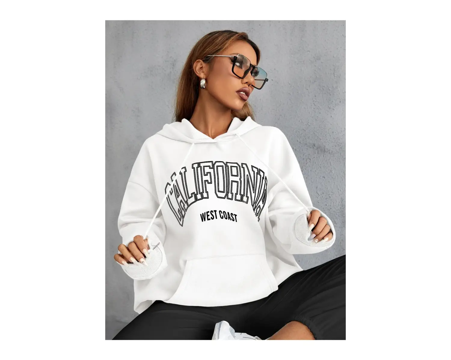 Unisex Calıfornia Baskılı Kapüşonlu Sweatshirt Beyaz