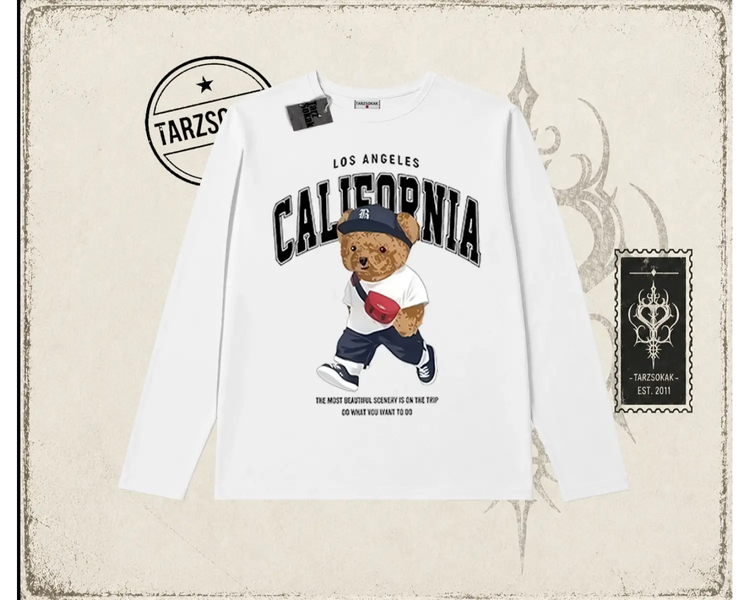 Unisex California Bear Biskilet Yaka  Long Sleeve Beyaz