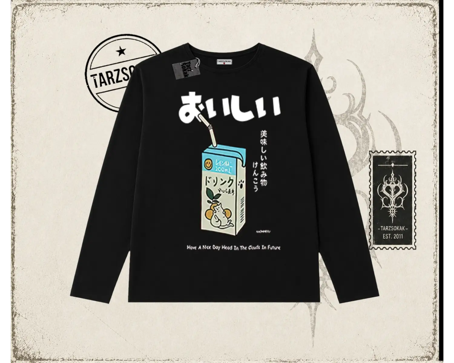 Unisex Cat Lemon Juice Biskilet Yaka  Long Sleeve Beyaz