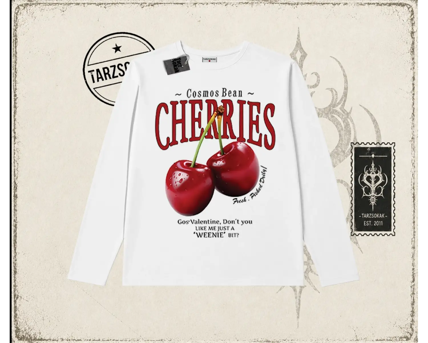 Unisex Cherries Biskilet Yaka  Long Sleeve Beyaz