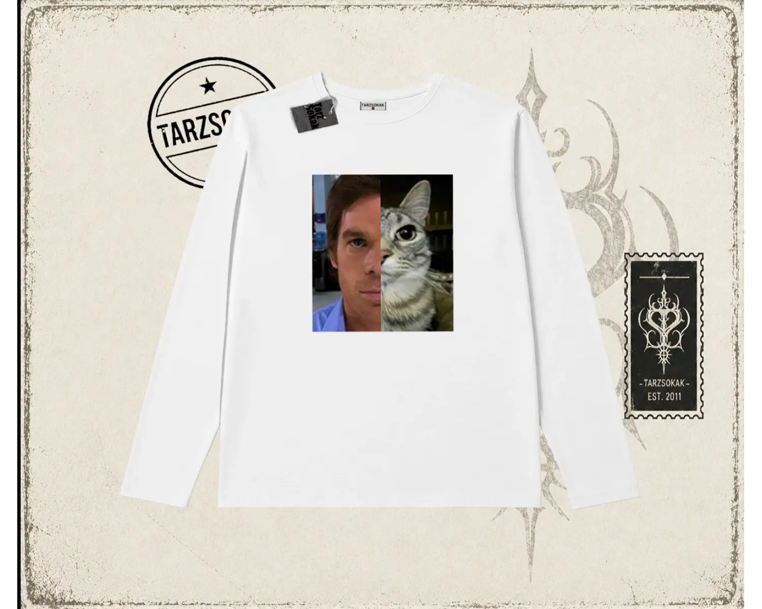 Unisex Dexter Cat Biskilet Yaka  Long Sleeve Beyaz