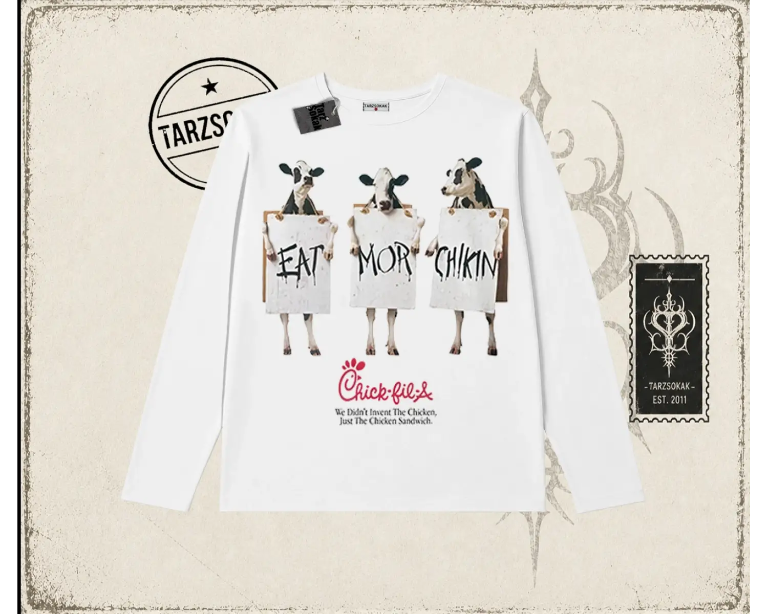 Unisex Eat More Chickin Biskilet Yaka  Long Sleeve Beyaz