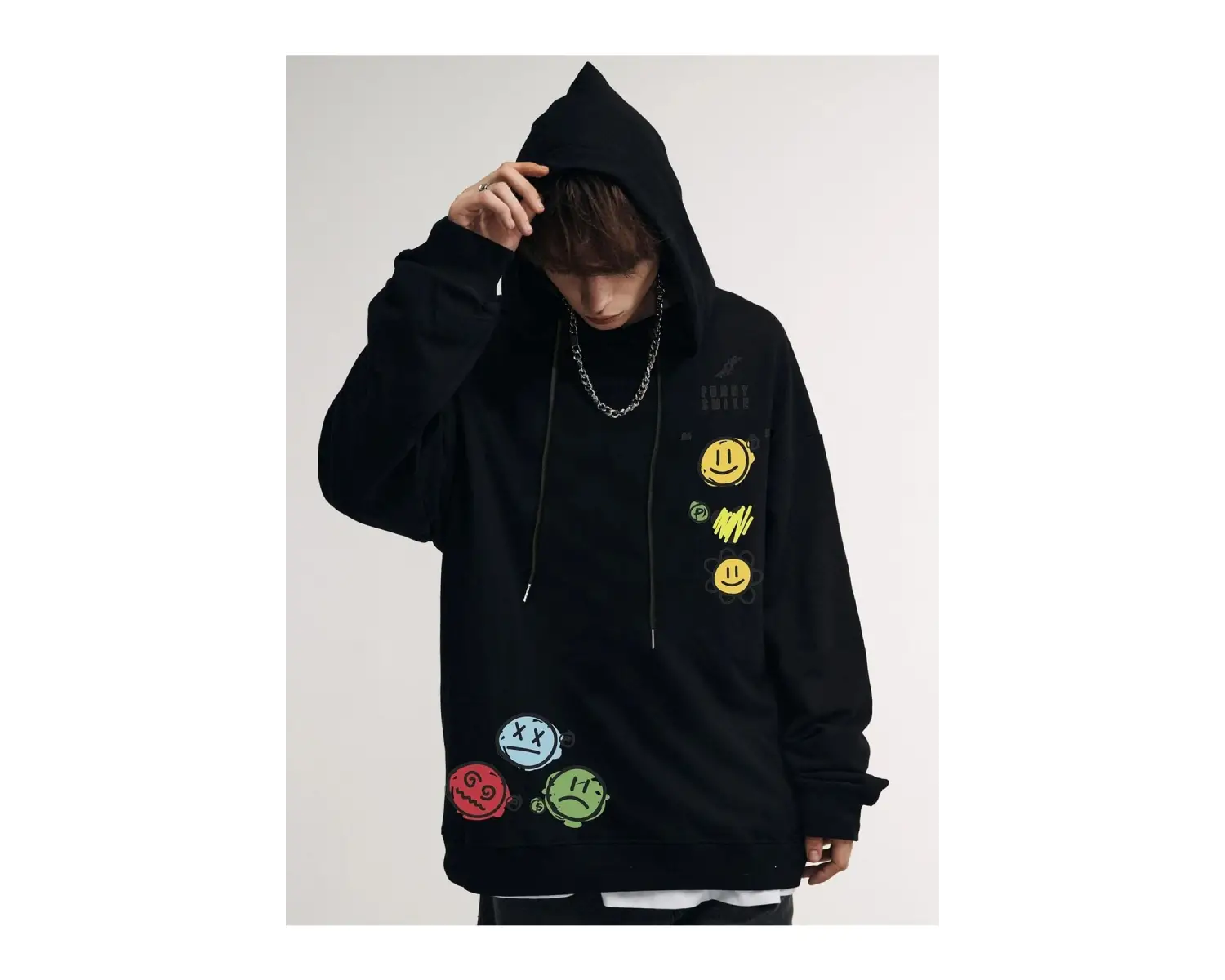 Unisex Emoji Özel Baskılı Kapüşonlu Oversize Sweatshirt Siyah