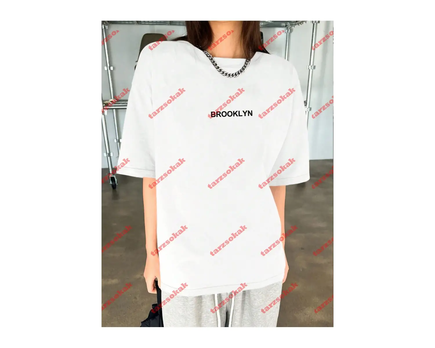 Unisex Erkek/Kadın BROOKLYN Renkli Özel Baskılı Oversize Pamuklu Bisiklet Yaka T-Shirt Tişört Beyaz