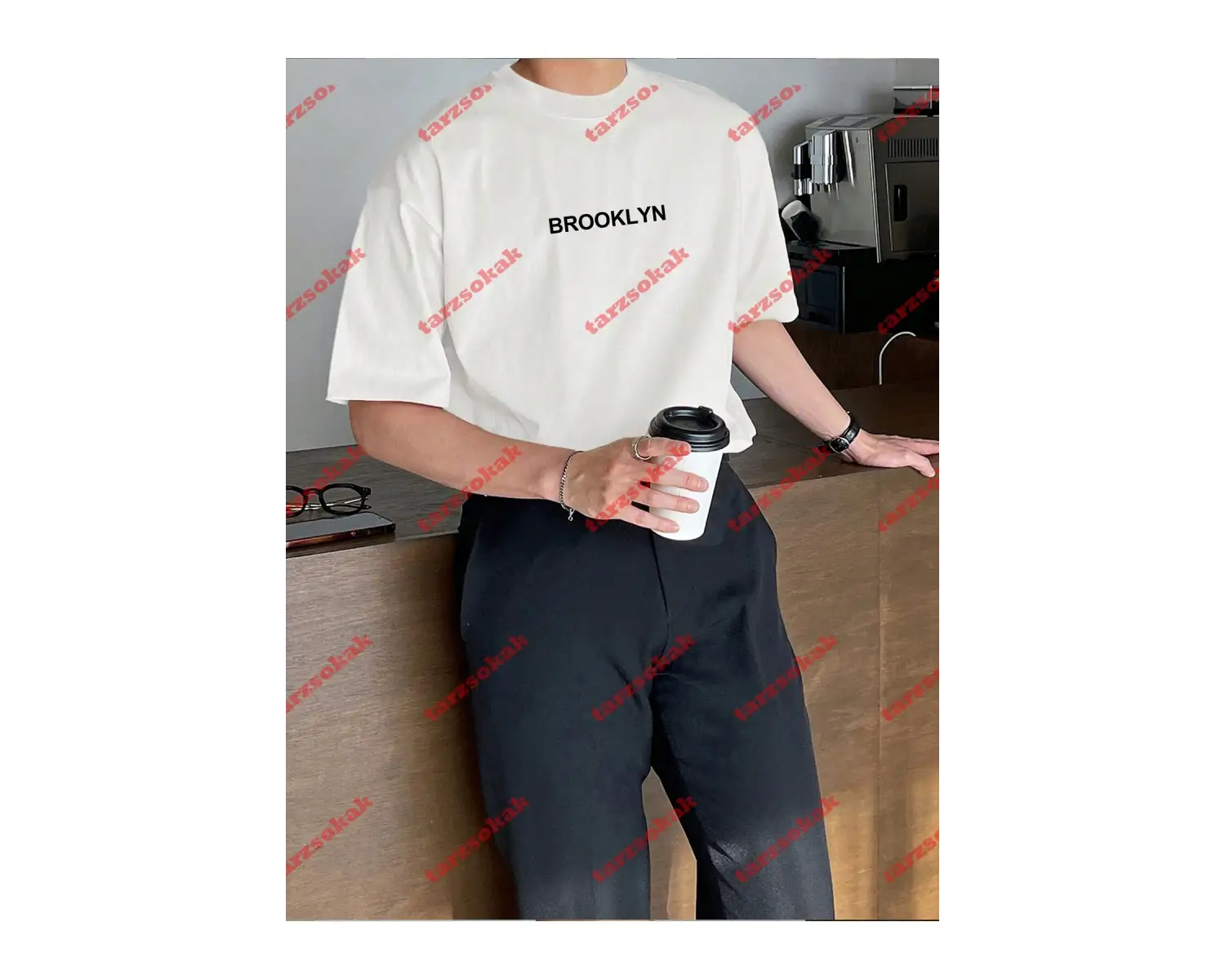 Unisex Erkek/Kadın BROOKLYN Renkli Özel Baskılı Oversize Pamuklu Bisiklet Yaka T-Shirt Tişört Beyaz