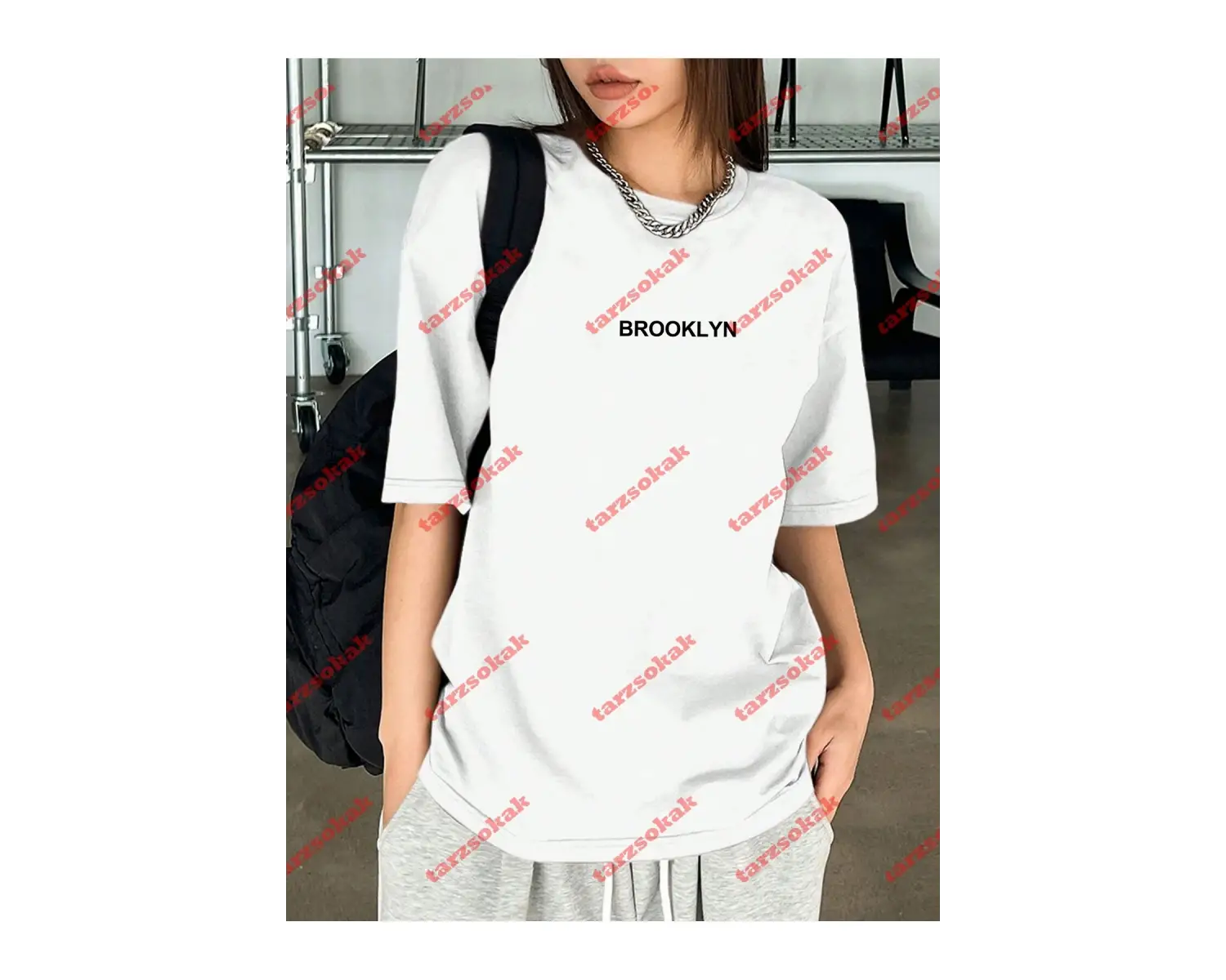 Unisex Erkek/Kadın BROOKLYN Renkli Özel Baskılı Oversize Pamuklu Bisiklet Yaka T-Shirt Tişört Beyaz