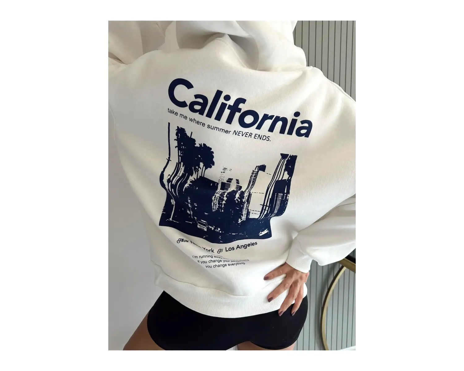 Unisex Erkek/Kadın Calıfornia Renkli Özel Baskılı Oversize Kapüşonlu Sweatshirt Beyaz