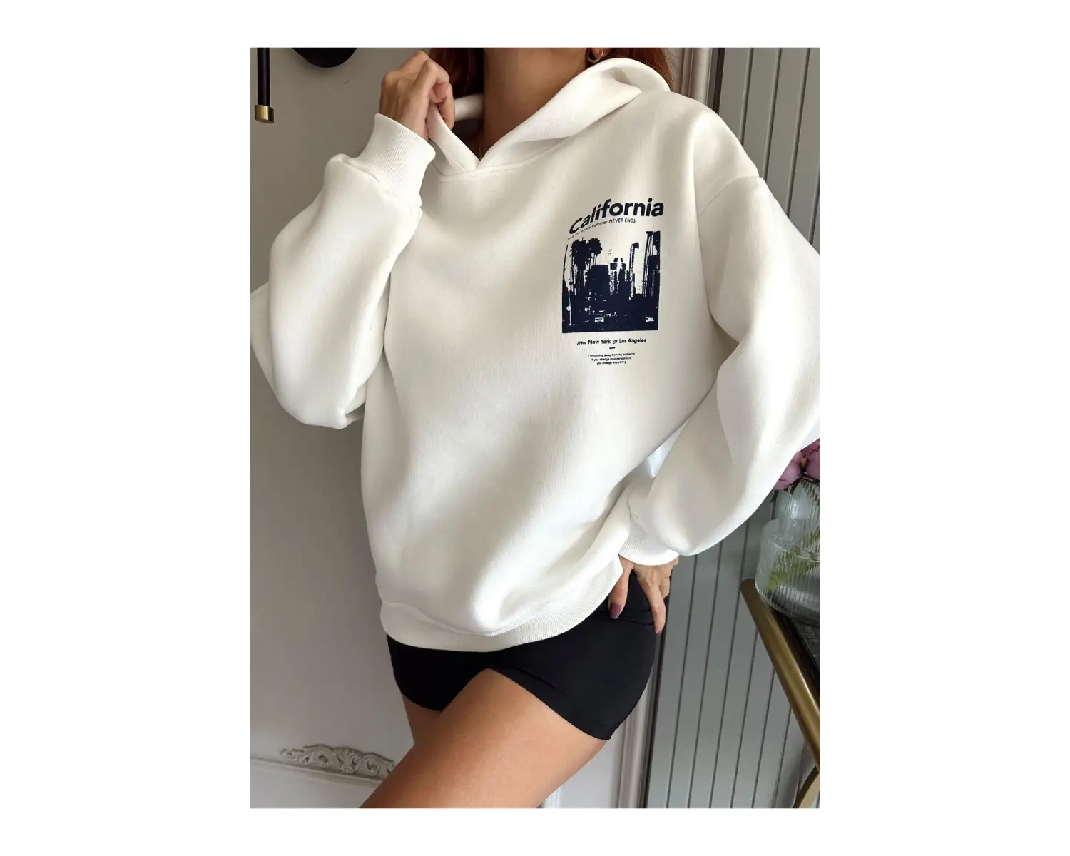 Unisex Erkek/Kadın Calıfornia Renkli Özel Baskılı Oversize Kapüşonlu Sweatshirt Beyaz