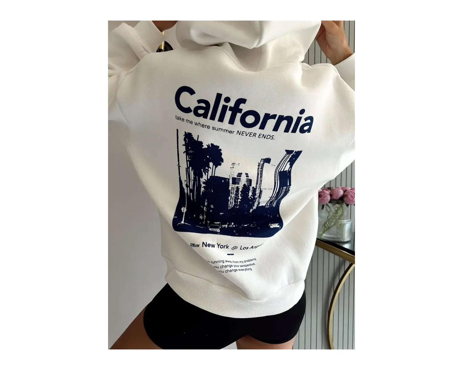 Unisex Erkek/Kadın Calıfornia Renkli Özel Baskılı Oversize Kapüşonlu Sweatshirt Beyaz