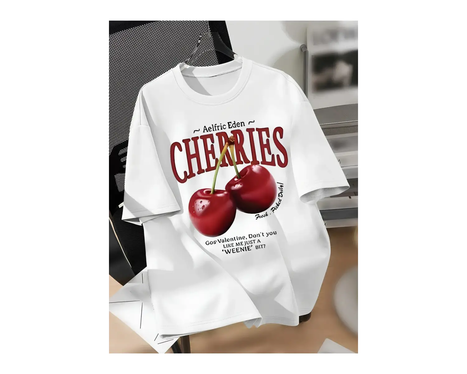 Unisex Erkek/Kadın CHERRIES Özel Baskılı Oversize Pamuklu Bisiklet Yaka