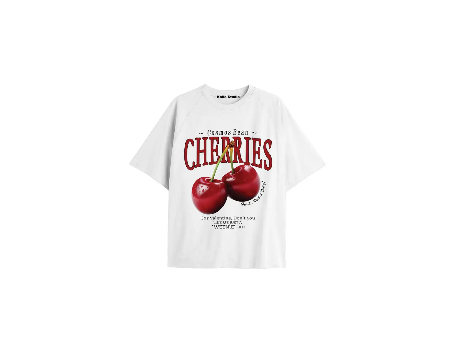Unisex Erkek Kadın CHERRIES Özel Baskılı Oversize Pamuklu Bisiklet Yaka T-Shirt