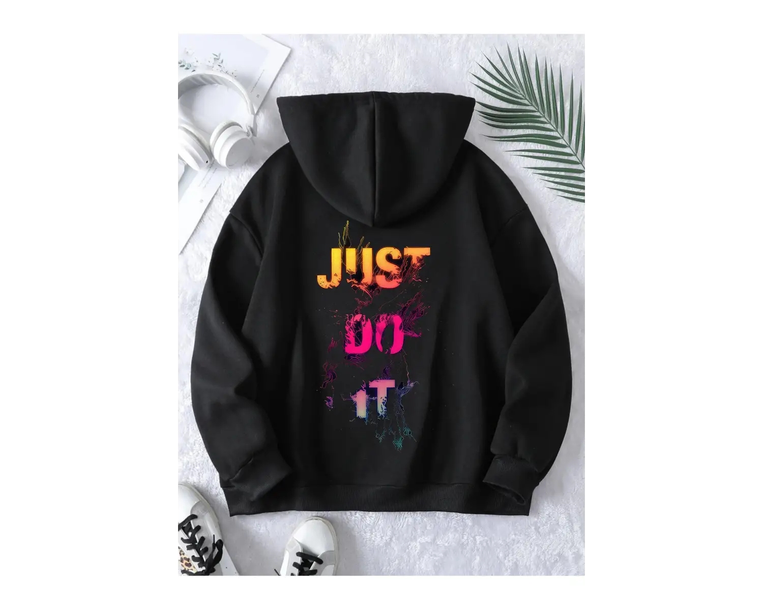 Unisex Erkek/Kadın JUSTDOIT Renkli Özel Baskılı Oversize Kapüşonlu Sweatshirt Beyaz