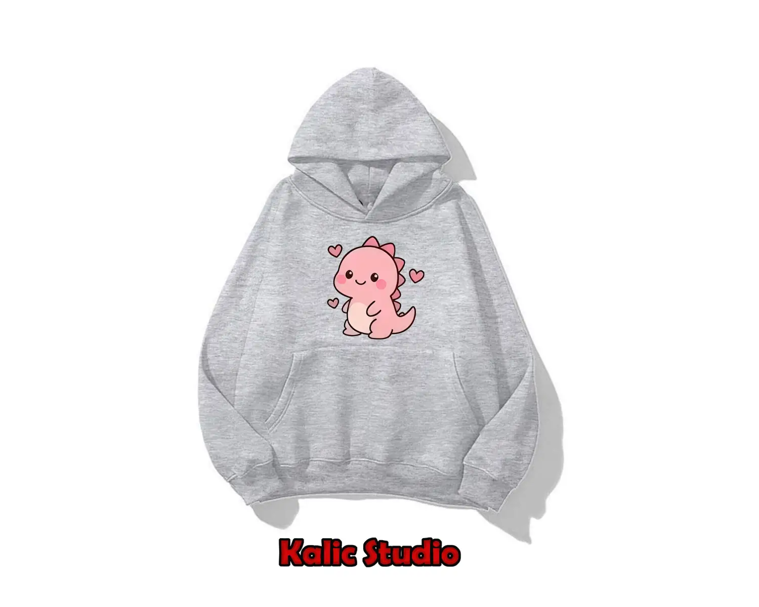 Unisex Erkek/Kadın Pembe DİNO Renkli Özel Baskılı pamuklu Oversize Kapüşonlu Sweatshirt gri