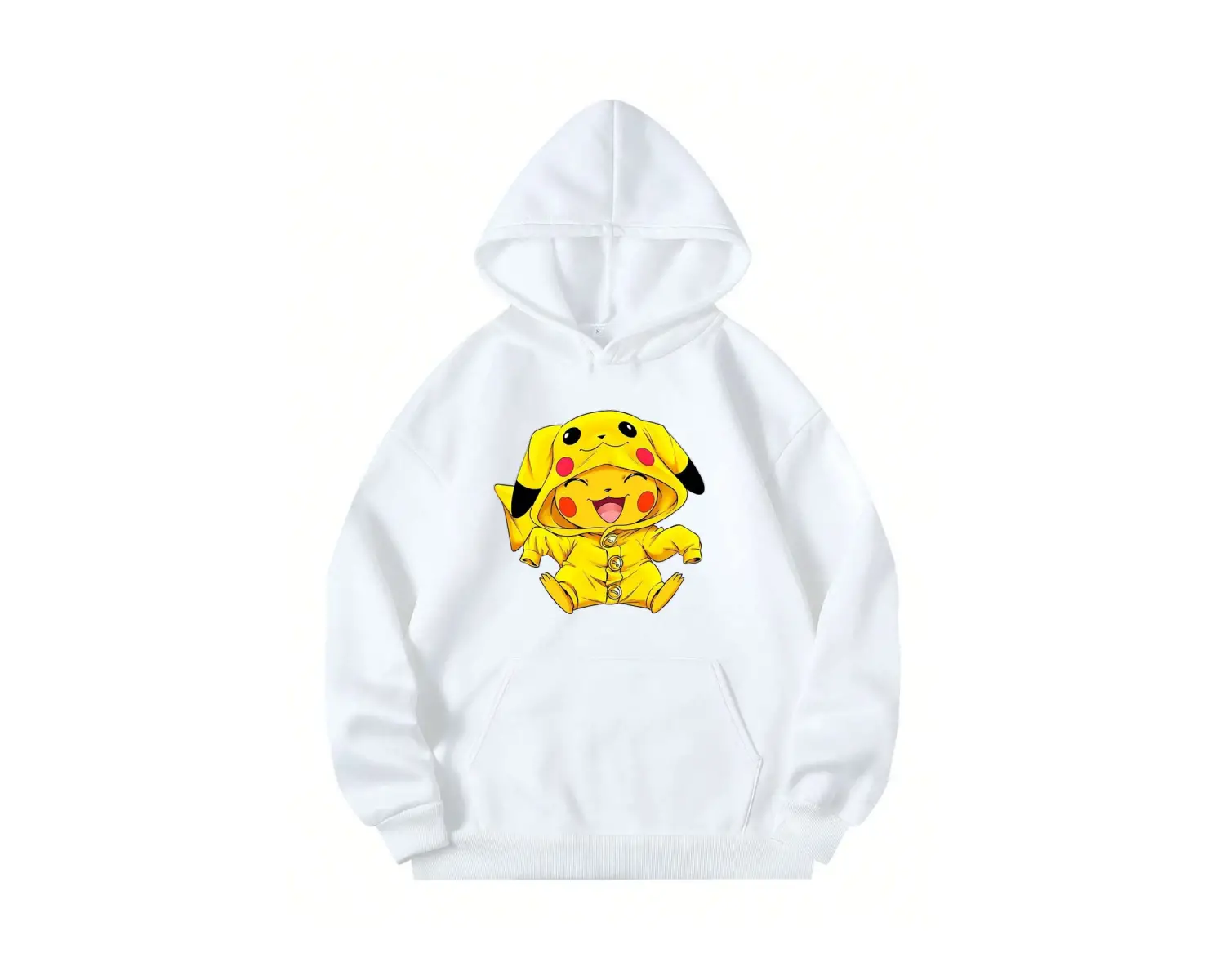 Unisex Erkek/Kadın Pikachu Renkli Özel Baskılı Oversize Kapüşonlu Sweatshirt Beyaz