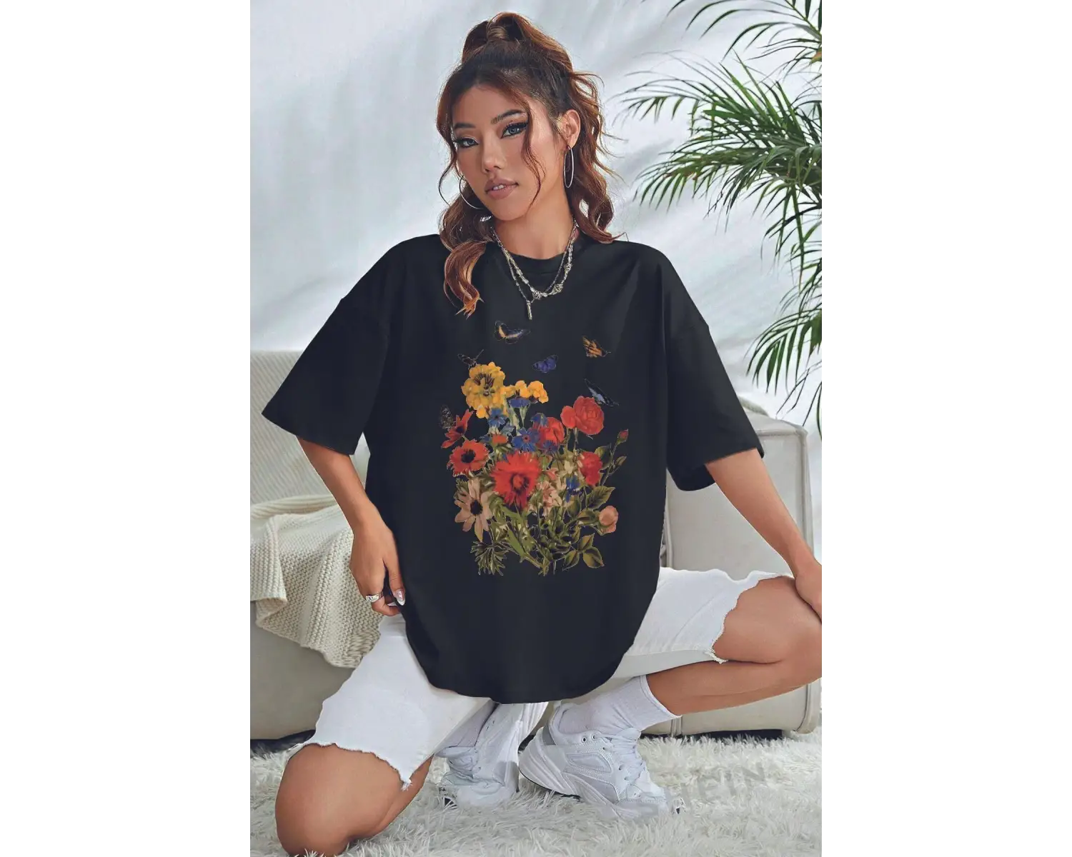 Unisex Flowers Baskılı Oversize