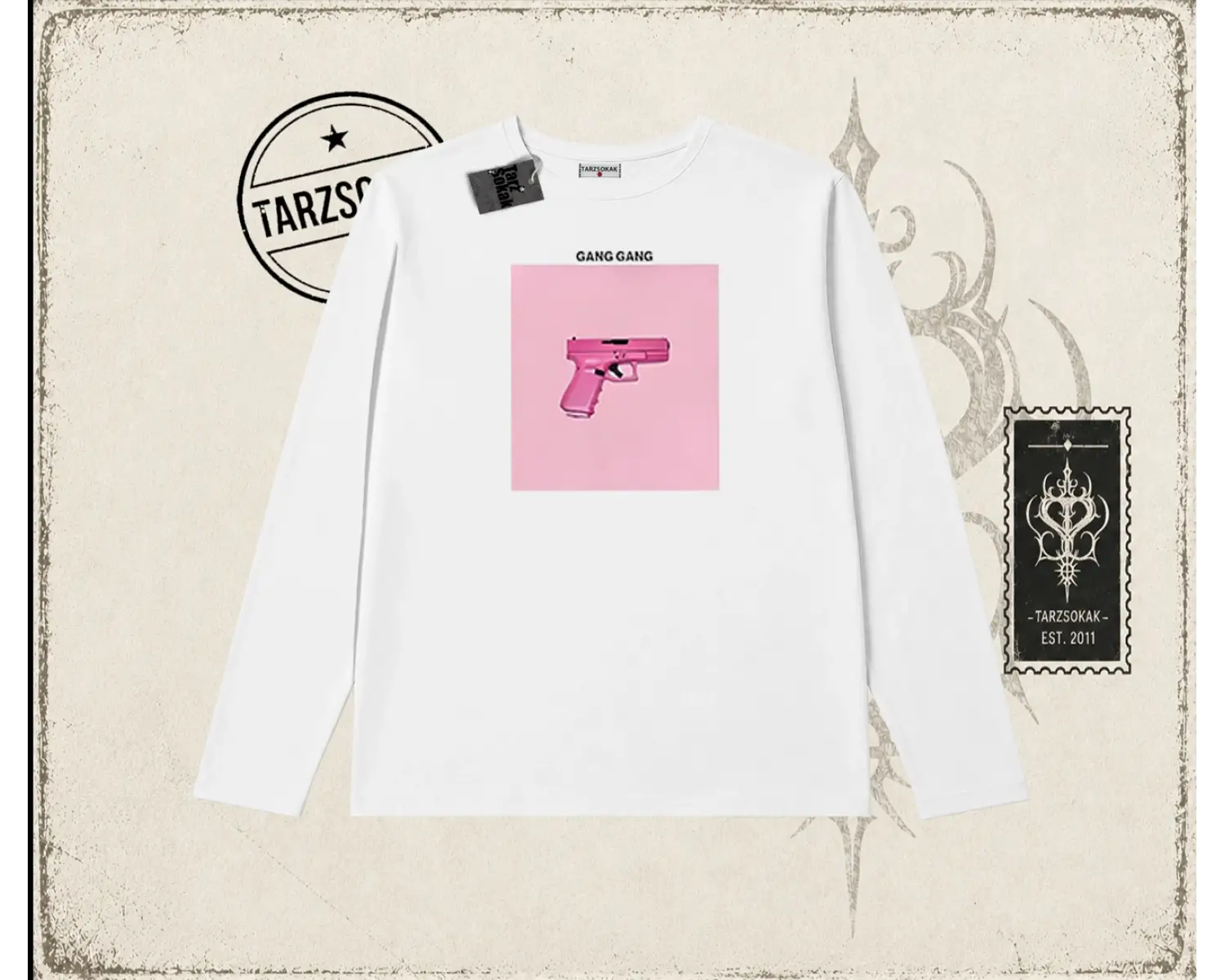 Unisex Gang Gang Biskilet Yaka  Long Sleeve Beyaz