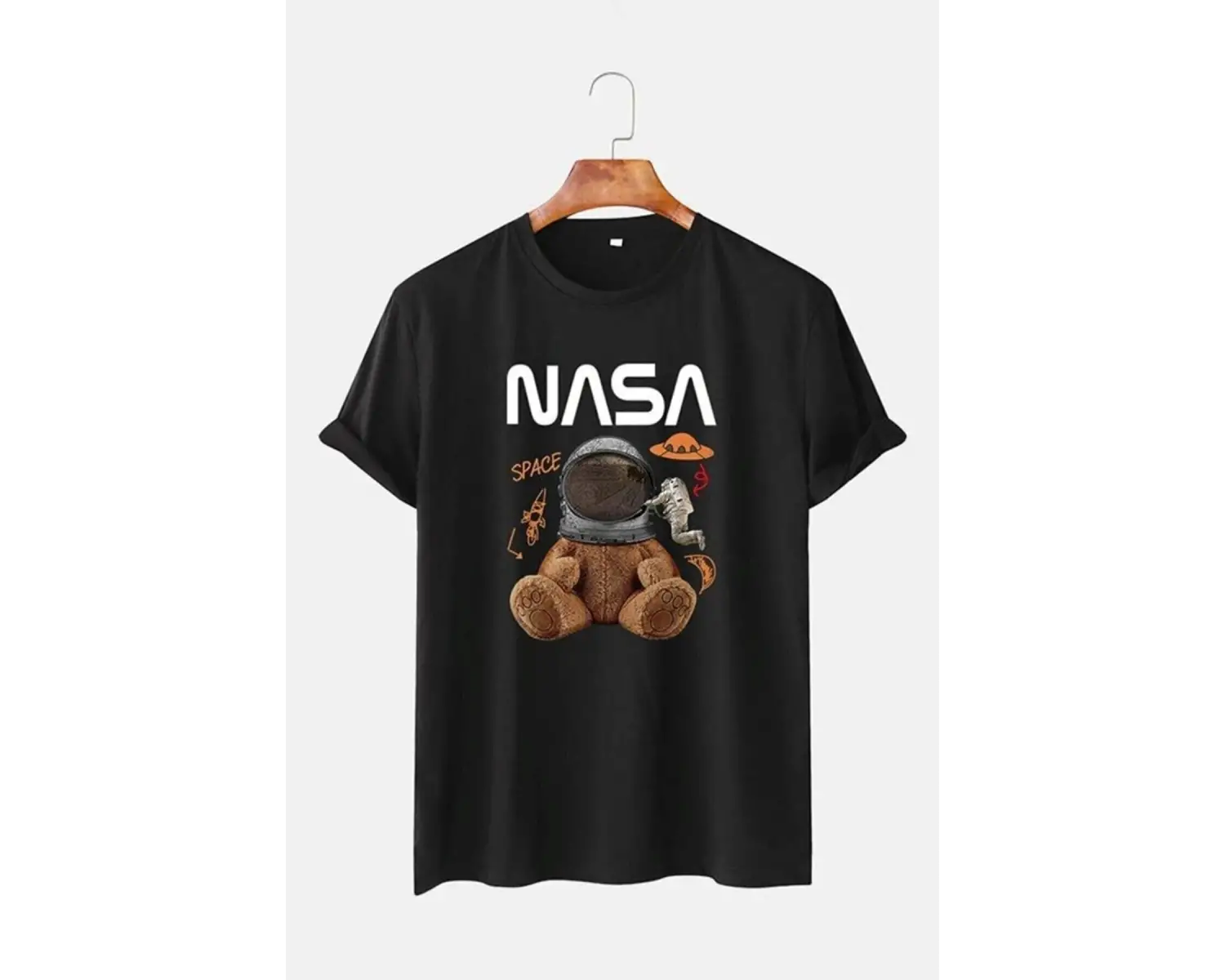 Unisex Gri Ayıcık Nasa Baskılı Tshirt