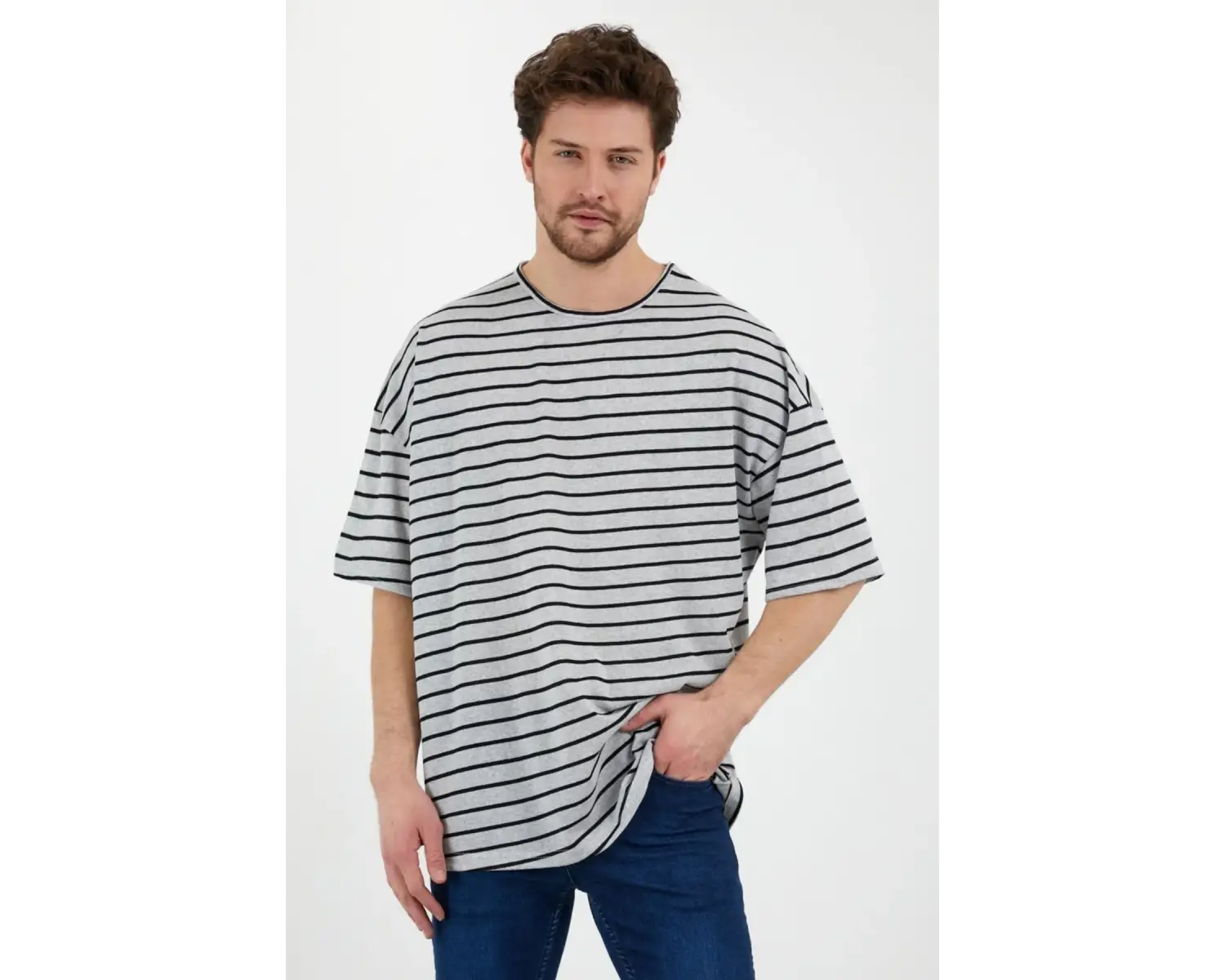Unisex Gri Beyaz Çizgili Oversize Tshirt