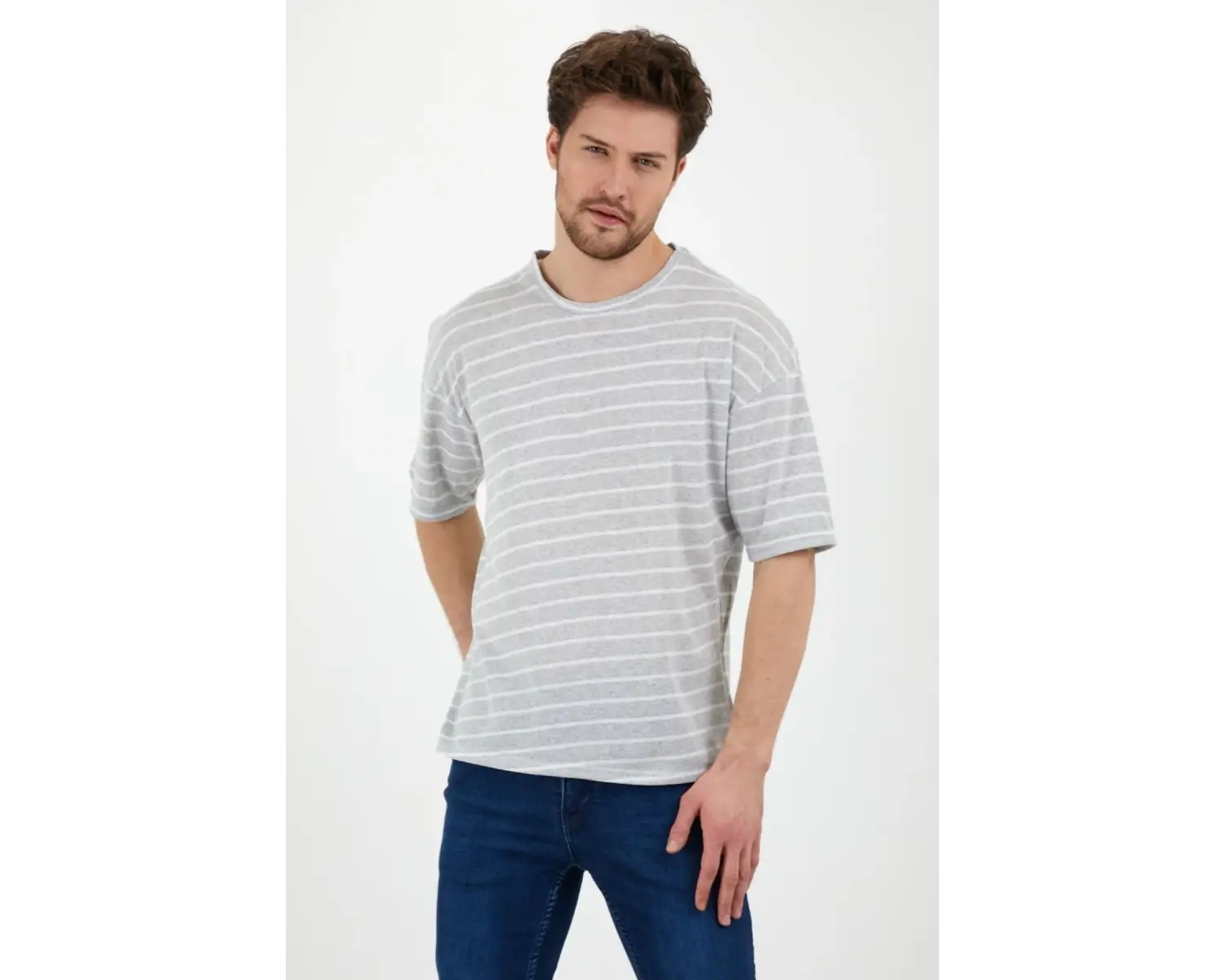 Unisex Gri Beyaz Çizgili Oversize Tshirt