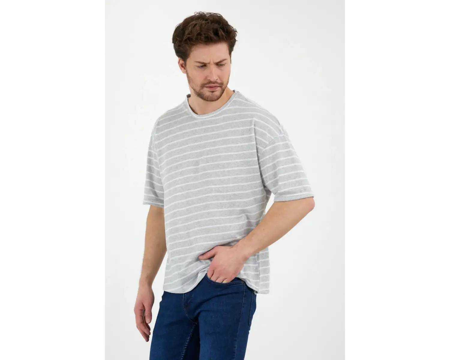 Unisex Gri Beyaz Çizgili Oversize Tshirt