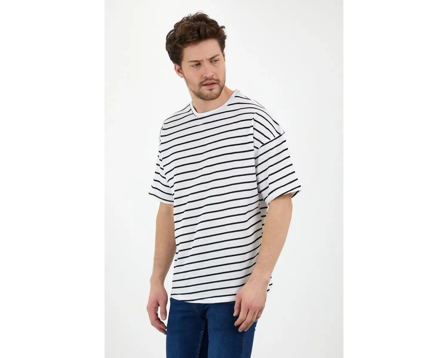 Unisex Gri Beyaz Çizgili Oversize Tshirt