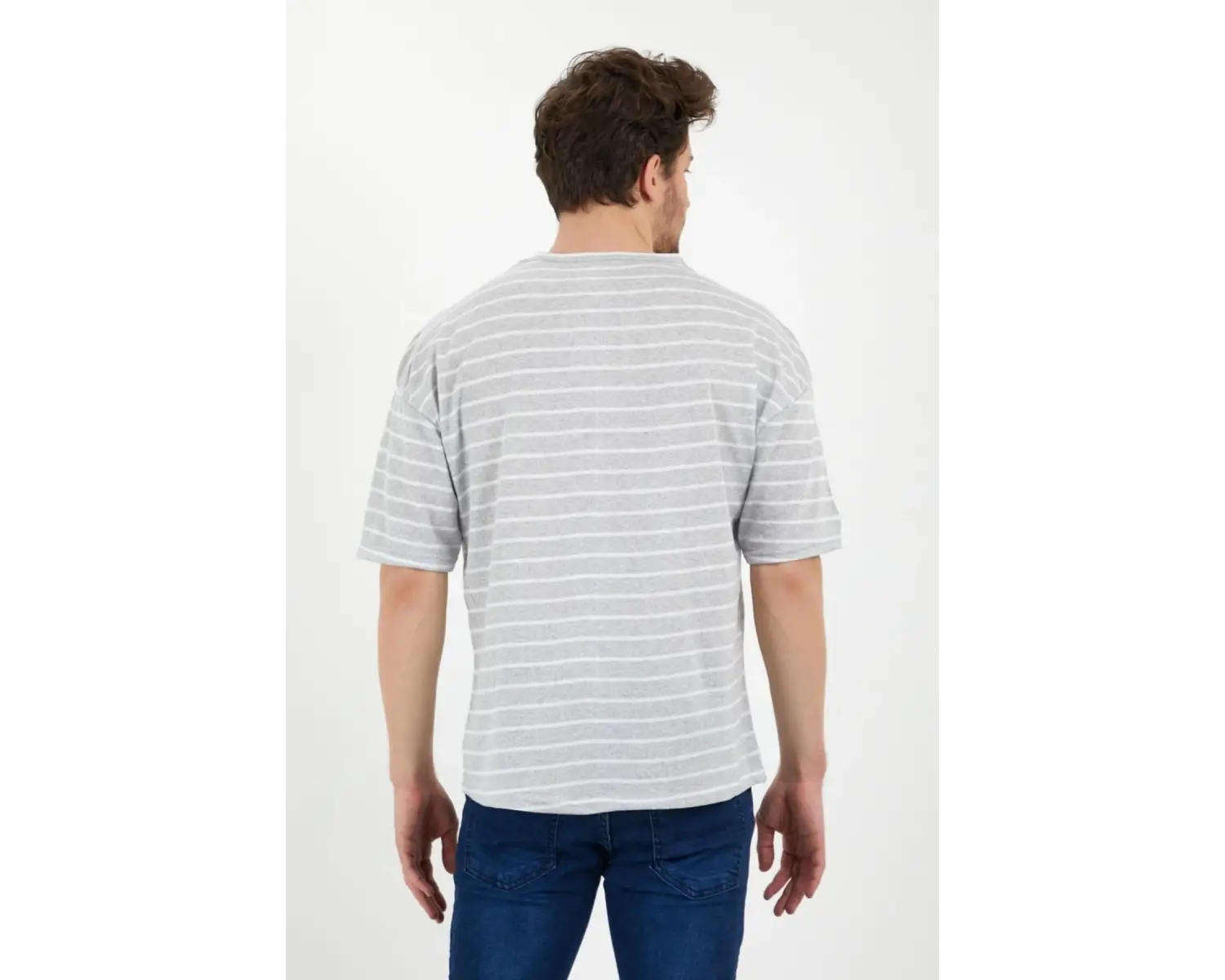 Unisex Gri Beyaz Çizgili Oversize Tshirt