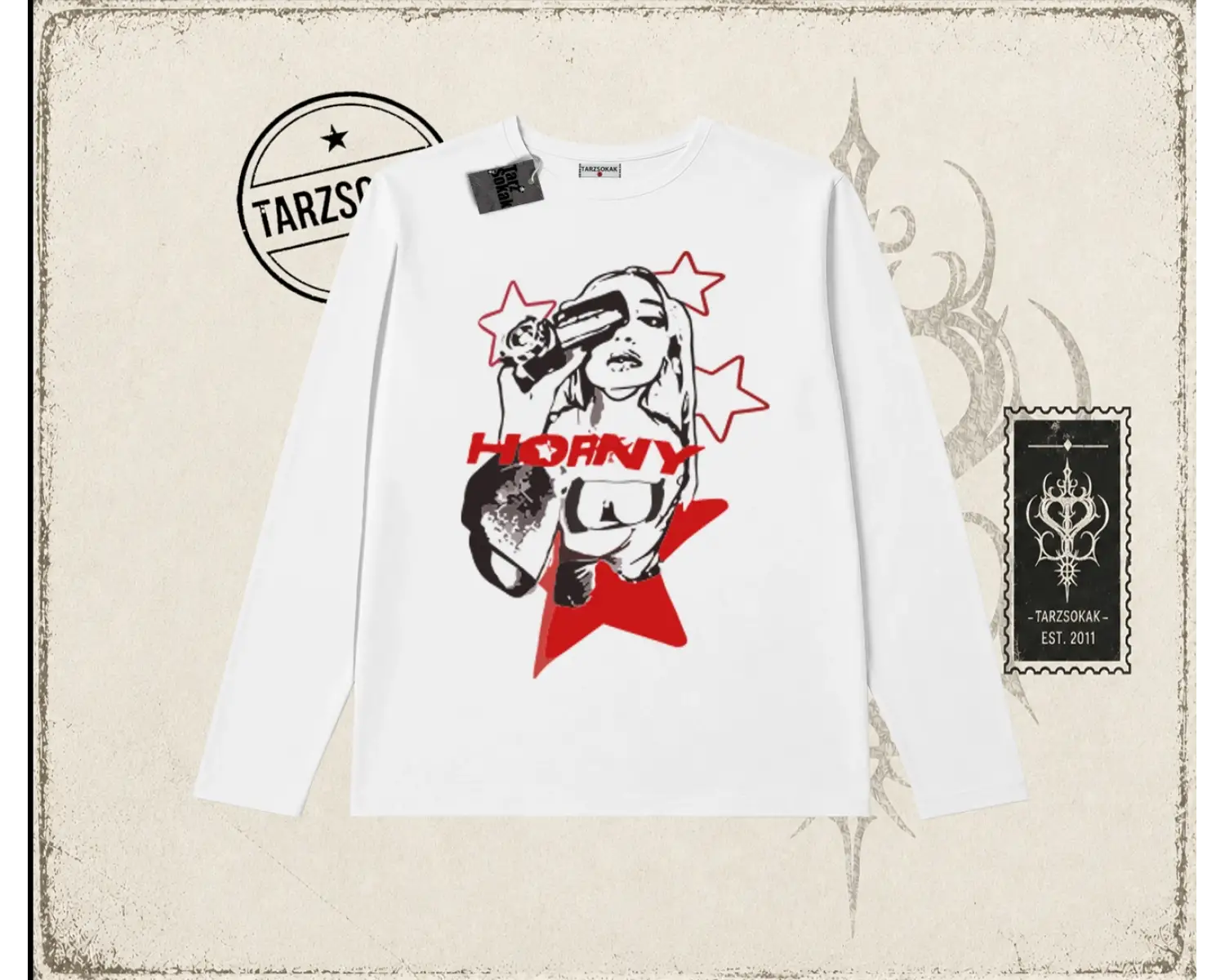 Unisex Horny Star Biskilet Yaka  Long Sleeve Beyaz