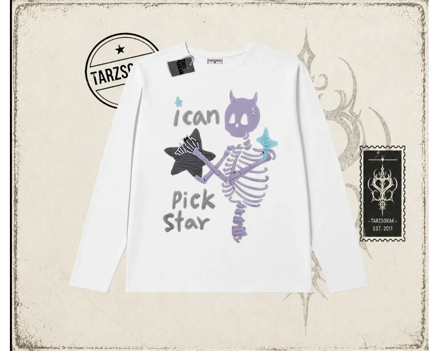Unisex I Can Pick Star Biskilet Yaka  Long Sleeve Beyaz