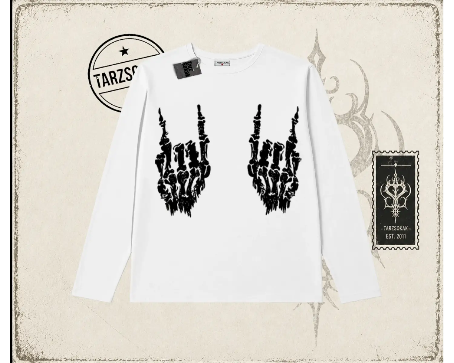 Unisex İskelet El Biskilet Yaka  Long Sleeve Beyaz