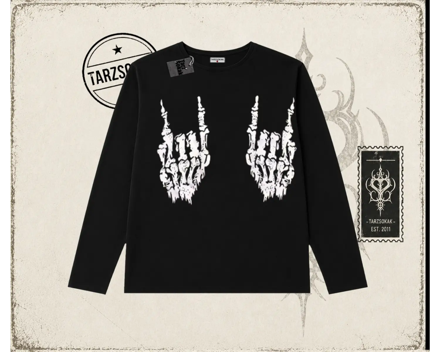 Unisex İskelet El Biskilet Yaka  Long Sleeve Beyaz
