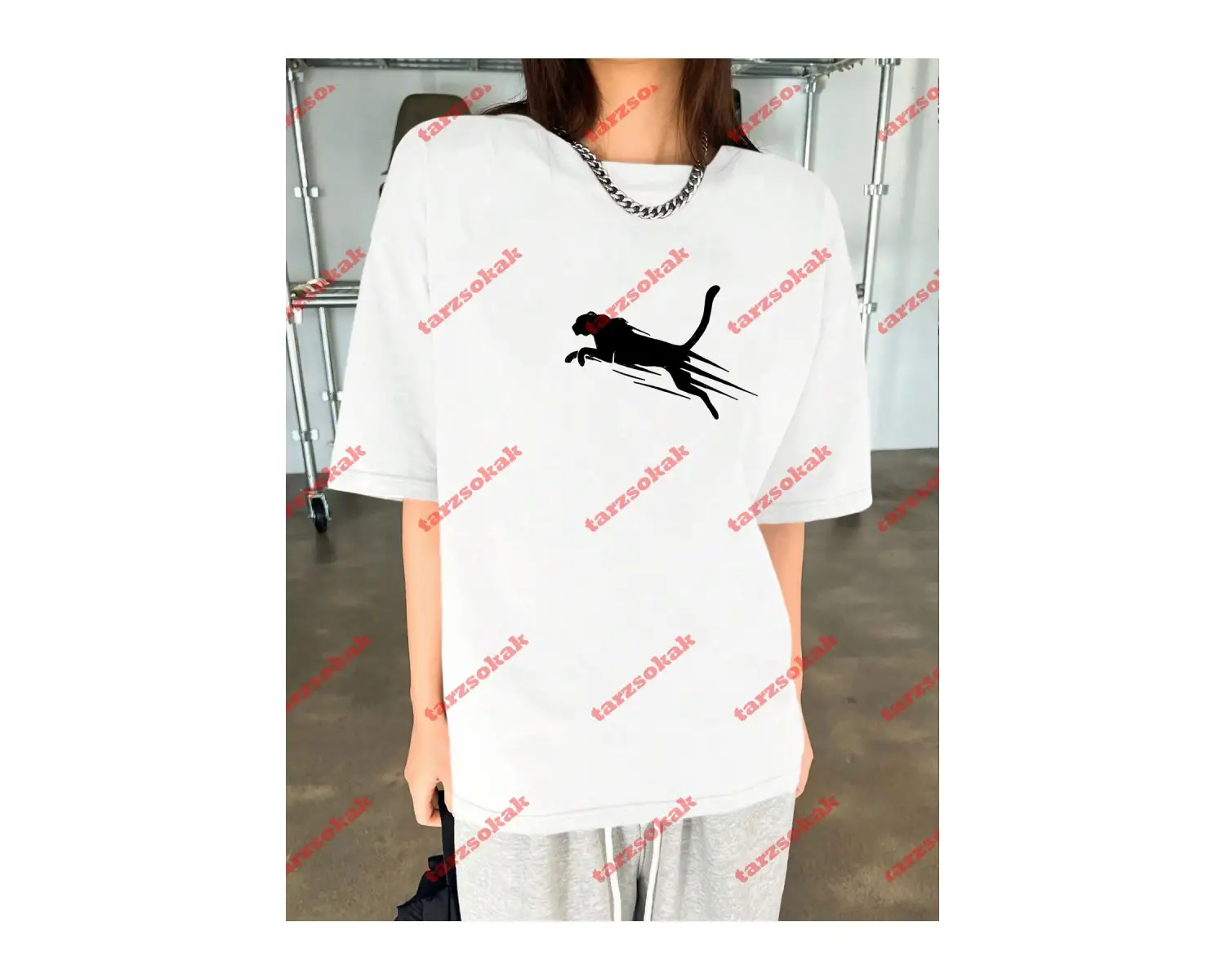 Unisex jaguar Baskılı Tshirt Beyaz