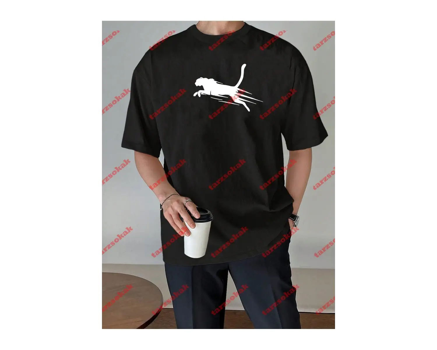 Unisex jaguar Baskılı Tshirt Beyaz