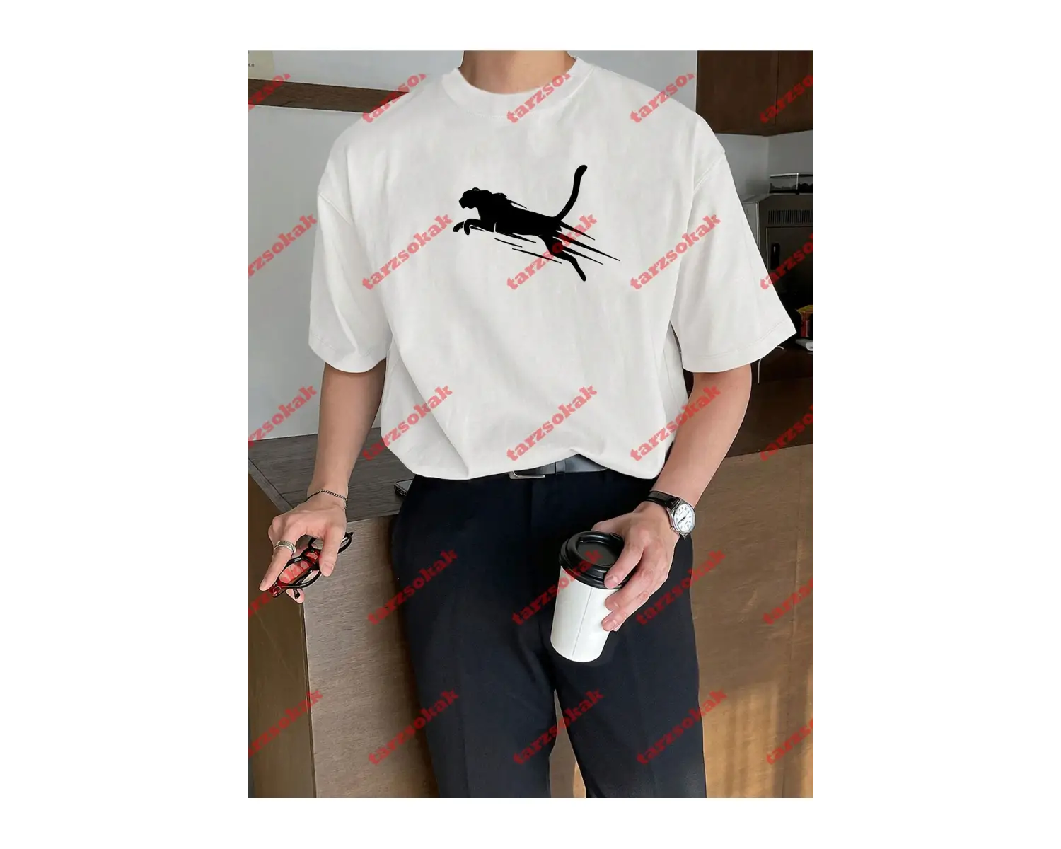 Unisex jaguar Baskılı Tshirt Beyaz