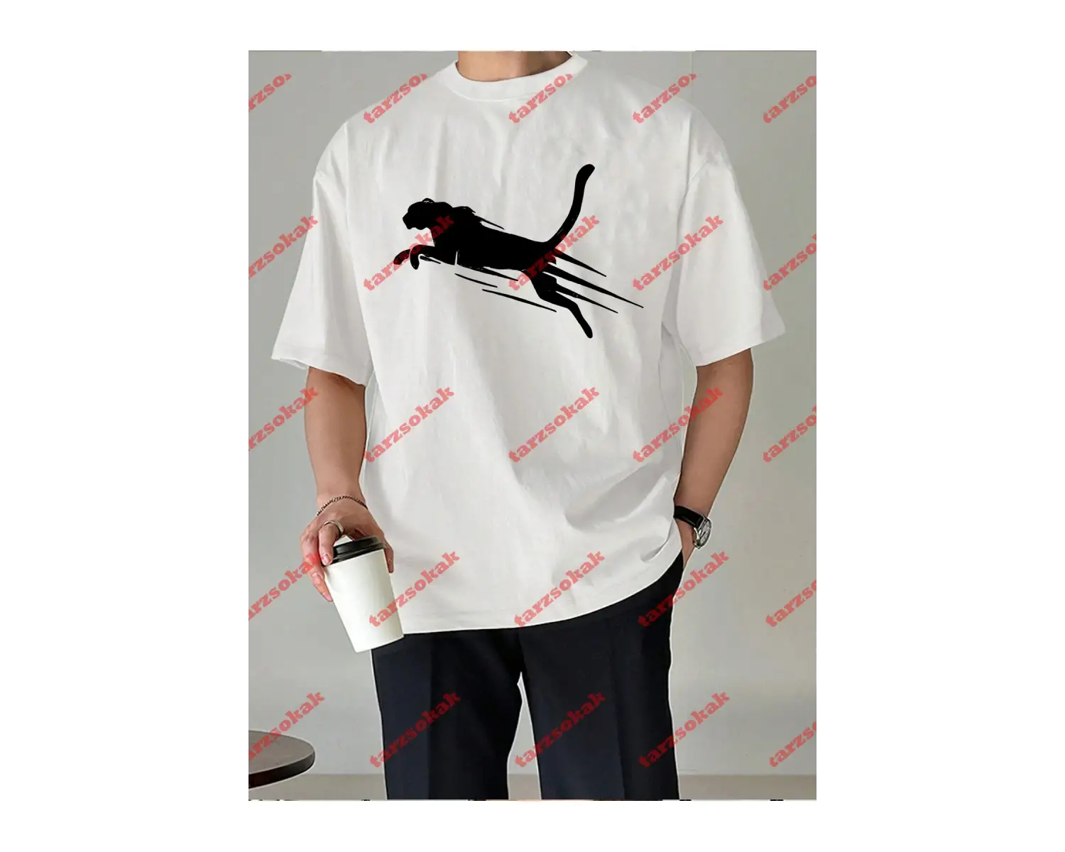 Unisex jaguar Baskılı Tshirt Beyaz