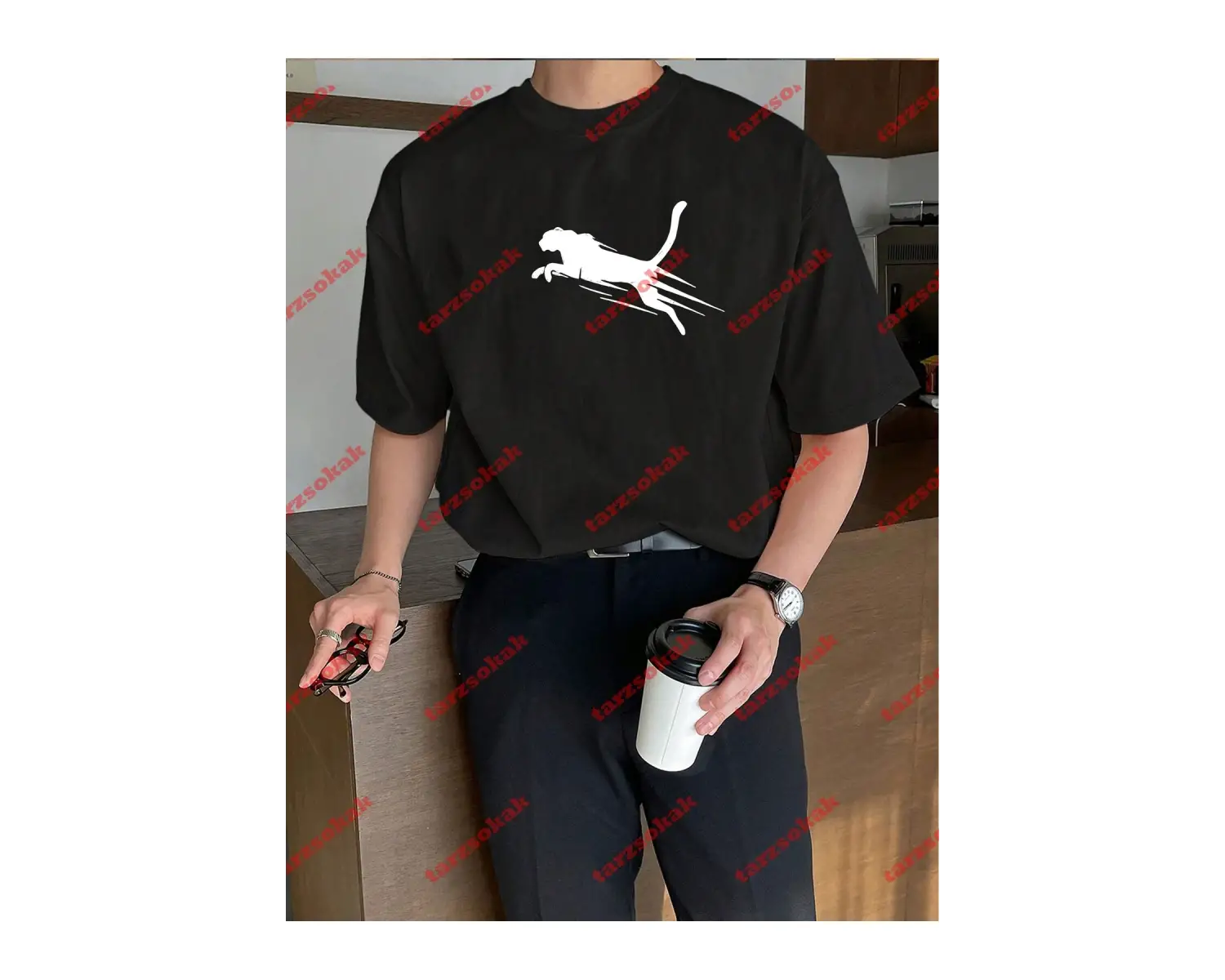 Unisex jaguar Baskılı Tshirt Beyaz