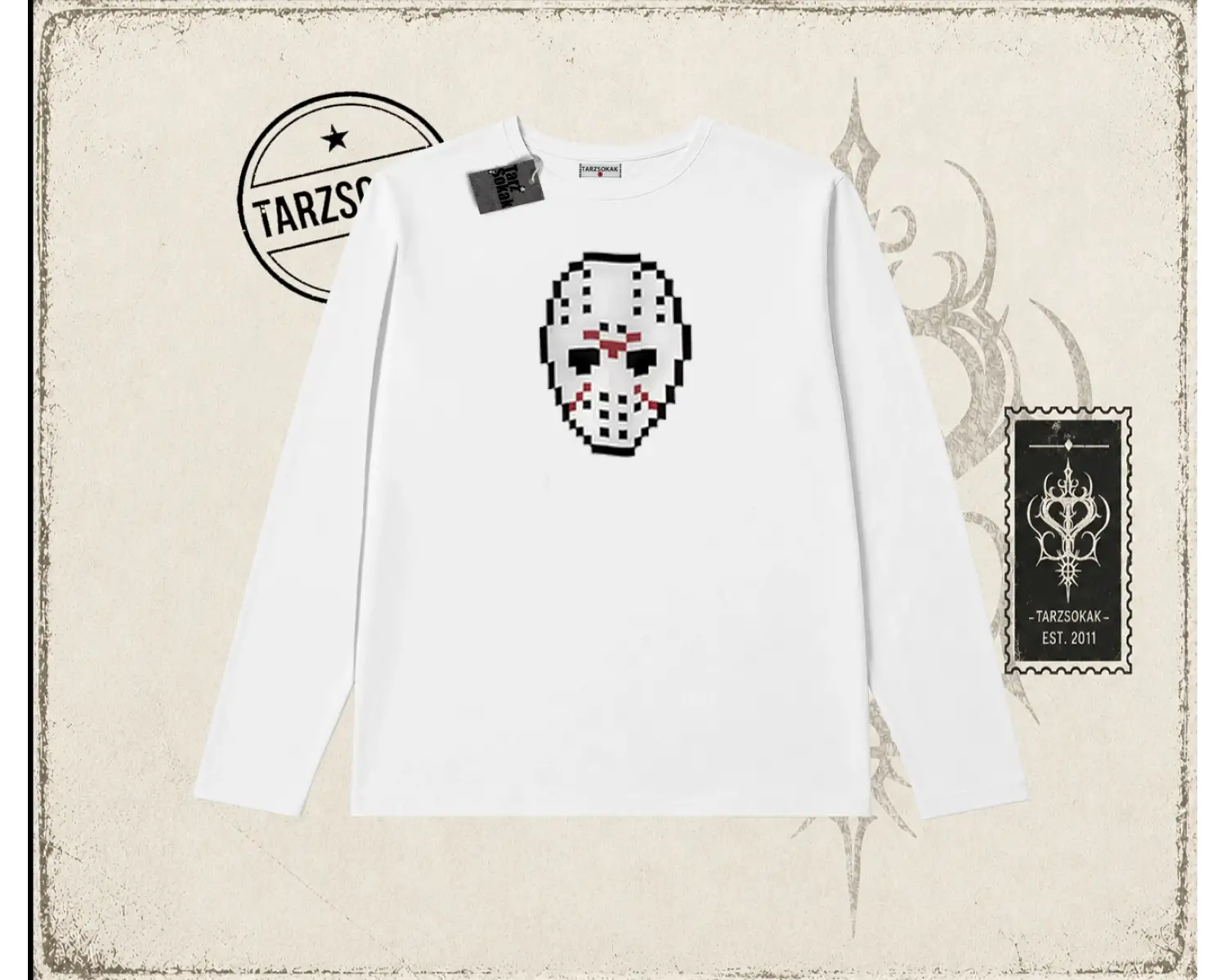 Unisex Jason Voorhees Mask Biskilet Yaka  Long Sleeve Beyaz
