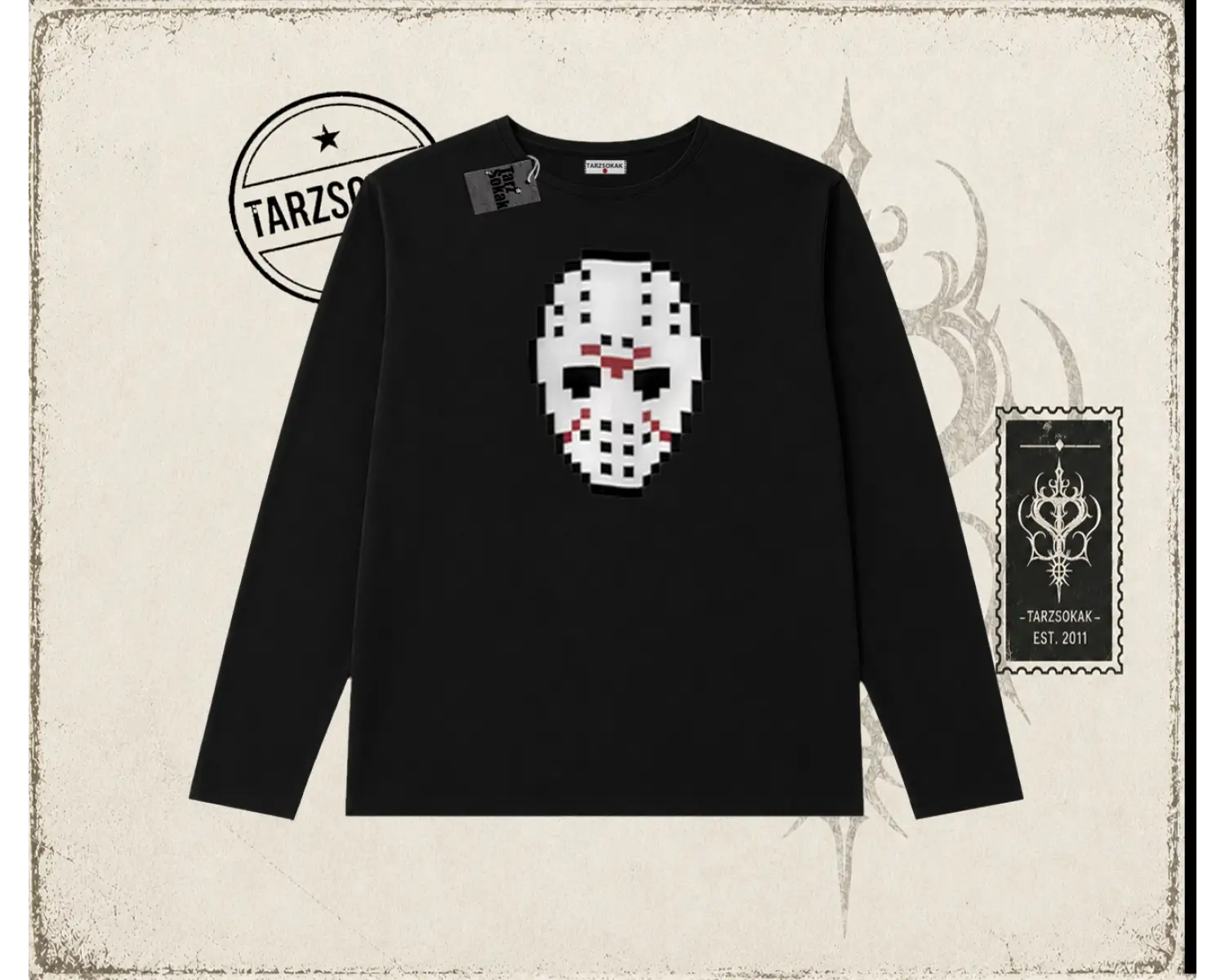 Unisex Jason Voorhees Mask Biskilet Yaka  Long Sleeve Beyaz