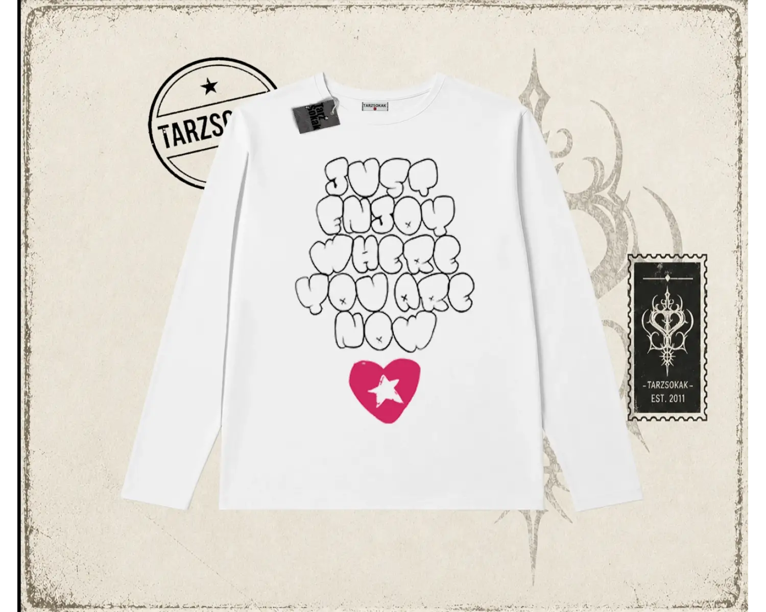 Unisex Just Enjoy Biskilet Yaka  Long Sleeve Beyaz