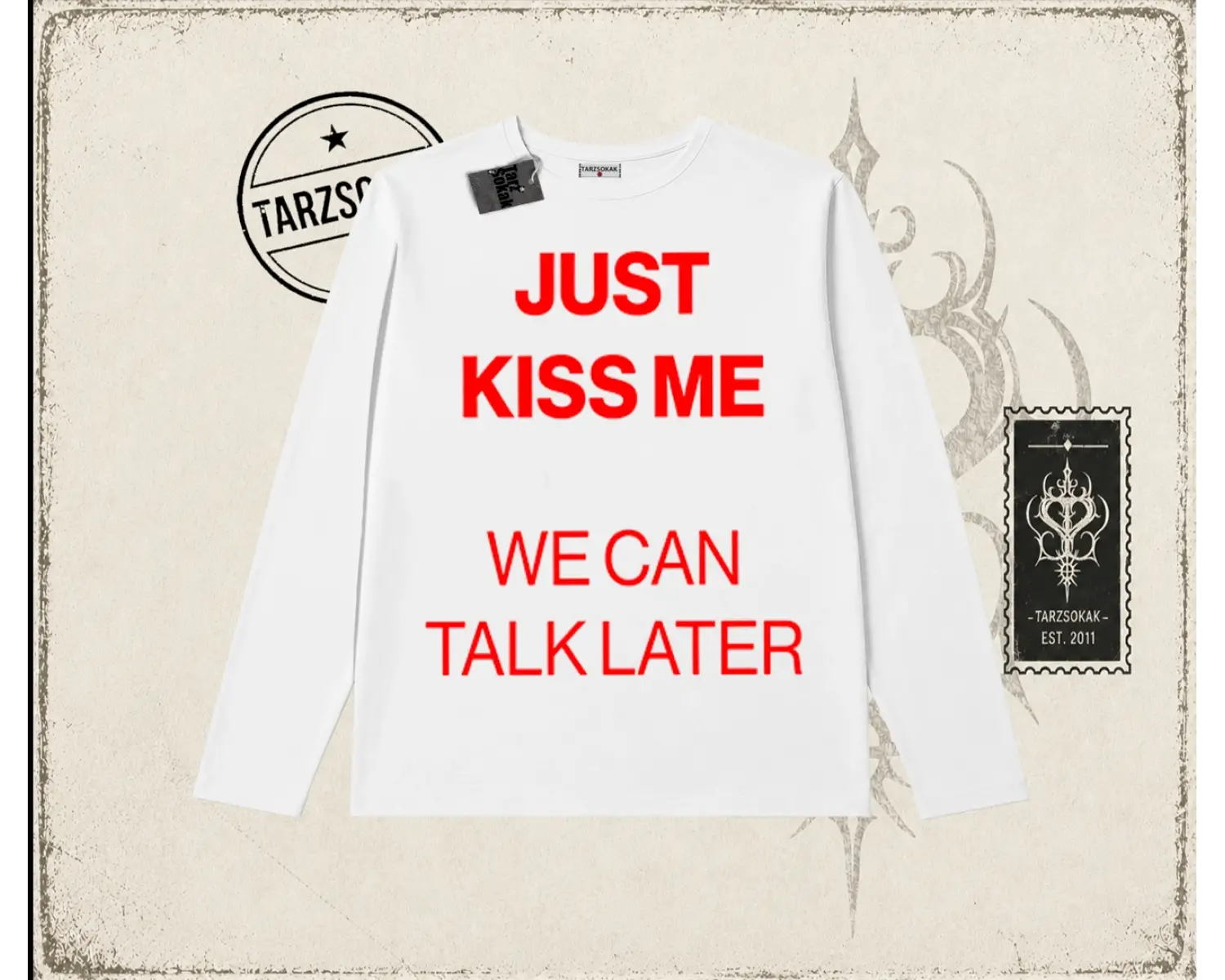 Unisex Just Kiss Me Biskilet Yaka  Long Sleeve Beyaz