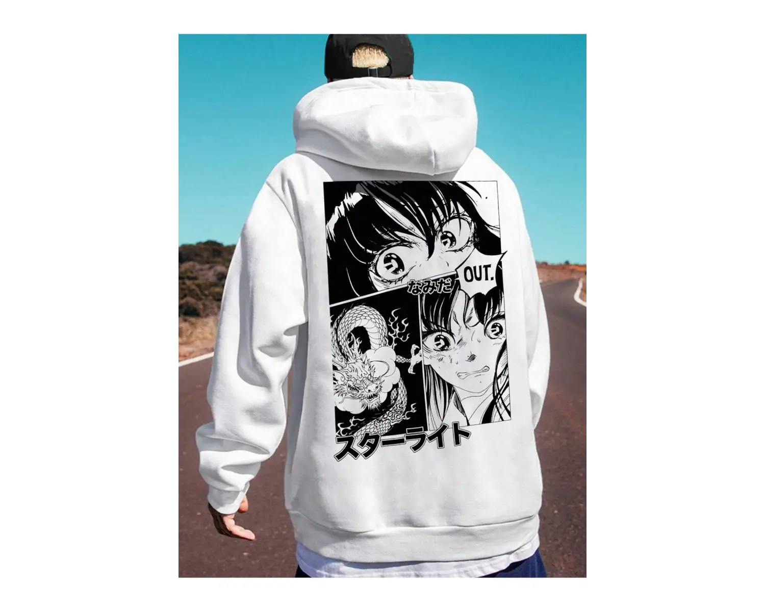 Unisex Kadın/Erkek Beyaz Anime Out Baskılı Oversize Kapüşonlu Sweatshirt