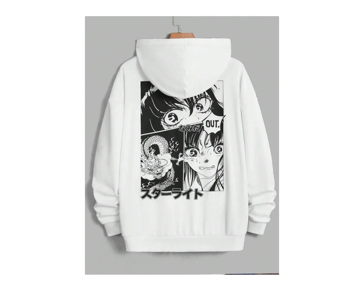 Unisex Kadın/Erkek Beyaz Anime Out Baskılı Oversize Kapüşonlu Sweatshirt
