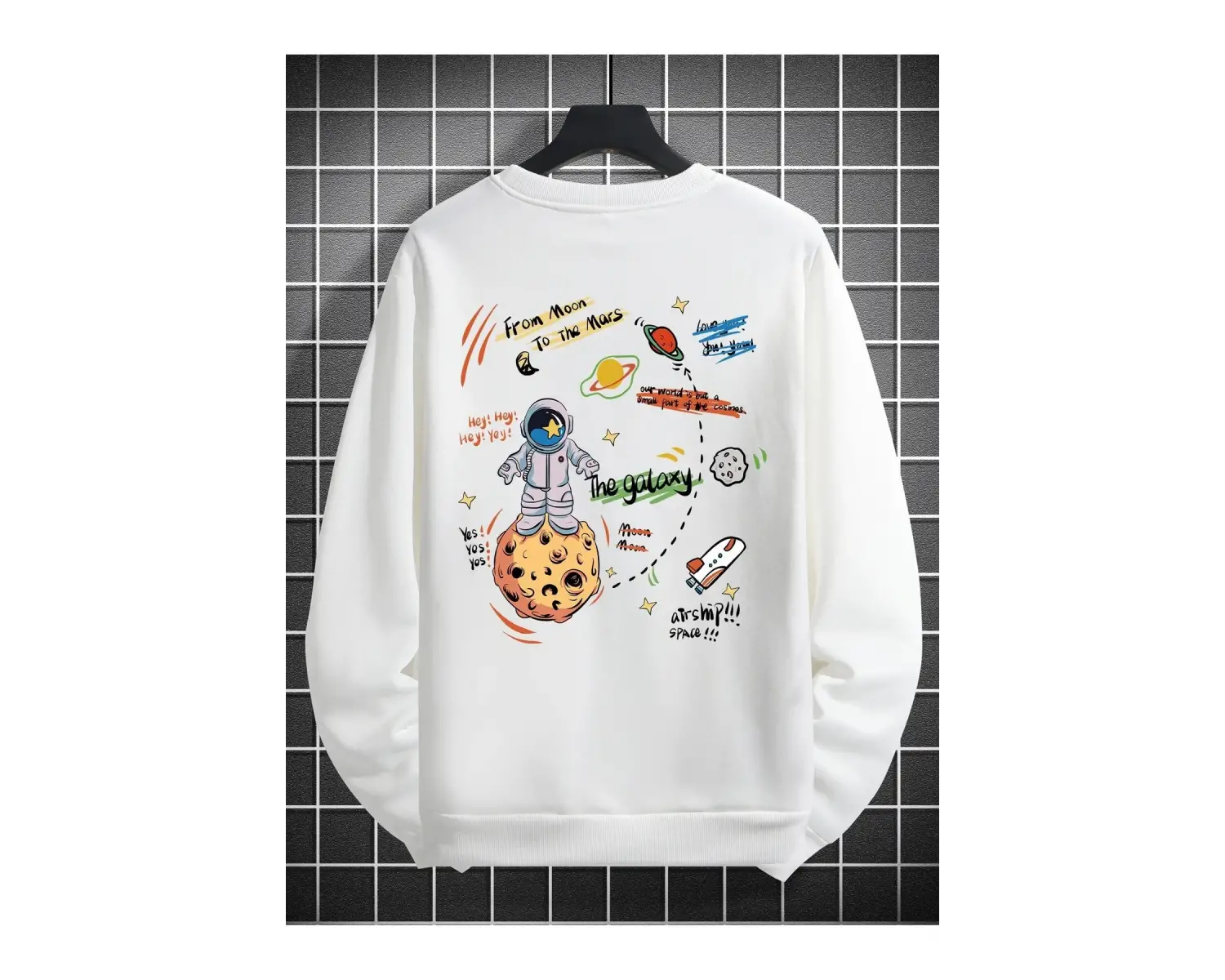 Unisex Kadın/Erkek Beyaz Galaxy Oversize Bisiklet Yaka Pamuklu Sweatshirt