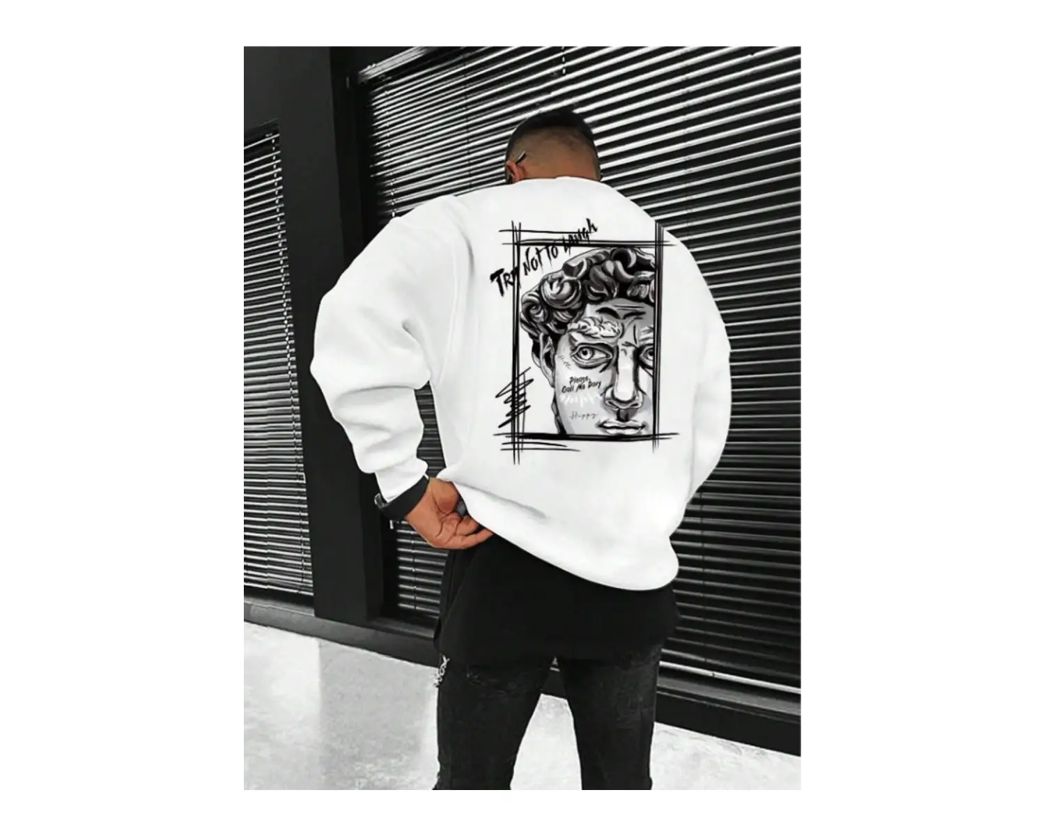 Unisex Kadın/Erkek Beyaz Sanat Oversize Bisiklet Yaka Pamuklu Sweatshirt