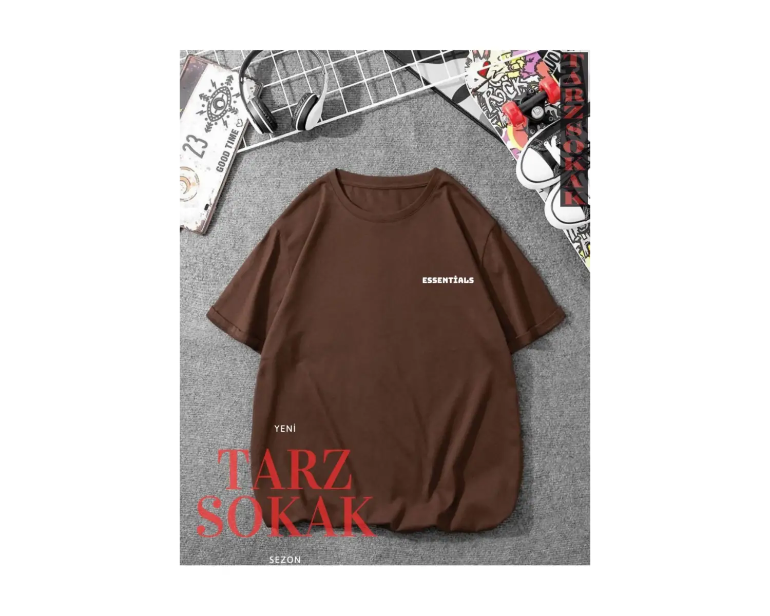 Unisex Kadın/Erkek ESSENTİALS Yazı Özel Renkli Oversize Bisiklet Yaka Pamuklu T-Shirt