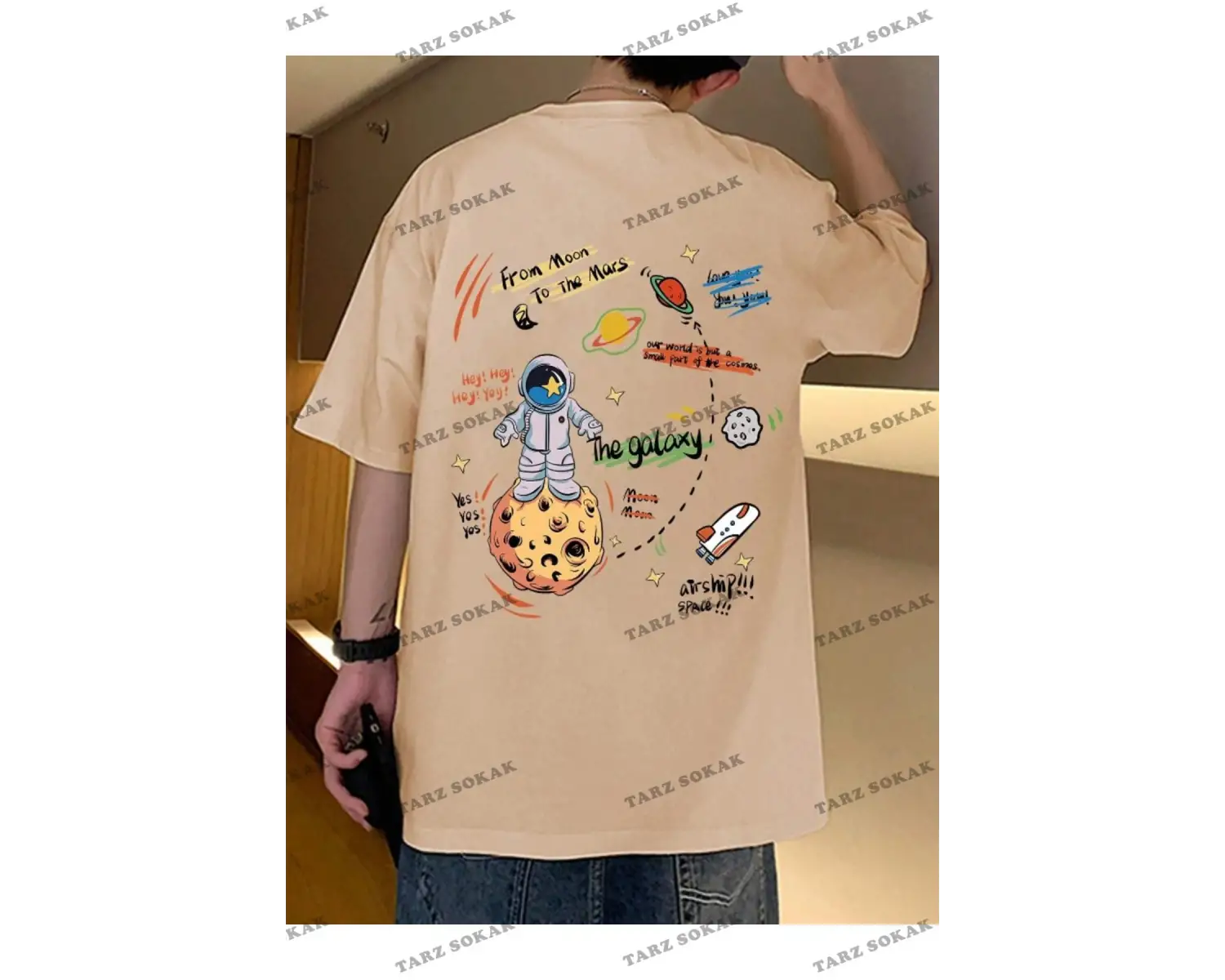 Unisex Kadın/Erkek GALAXY Renkli Özel Baskılı Oversize Pamuk Penye