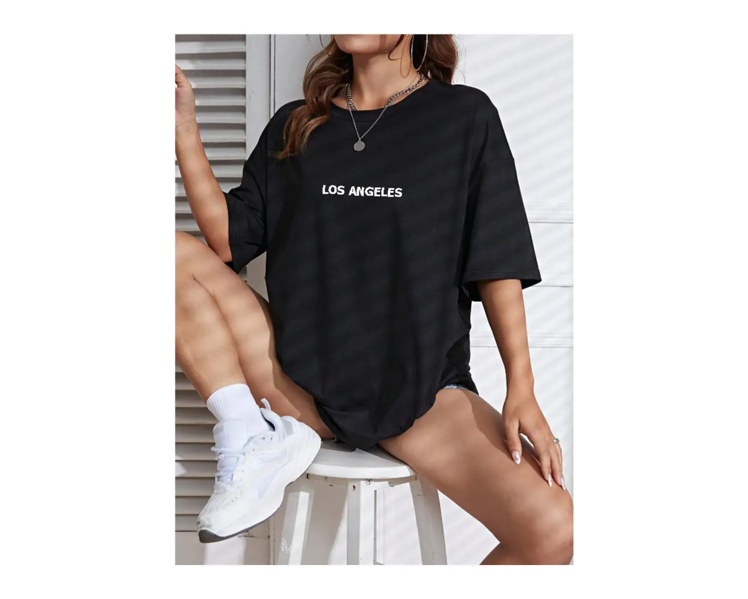 Unisex Kadın/Erkek LOS ANGELES Renkli Özel Baskılı Oversize Pamuk Penye Bisiklet Yaka