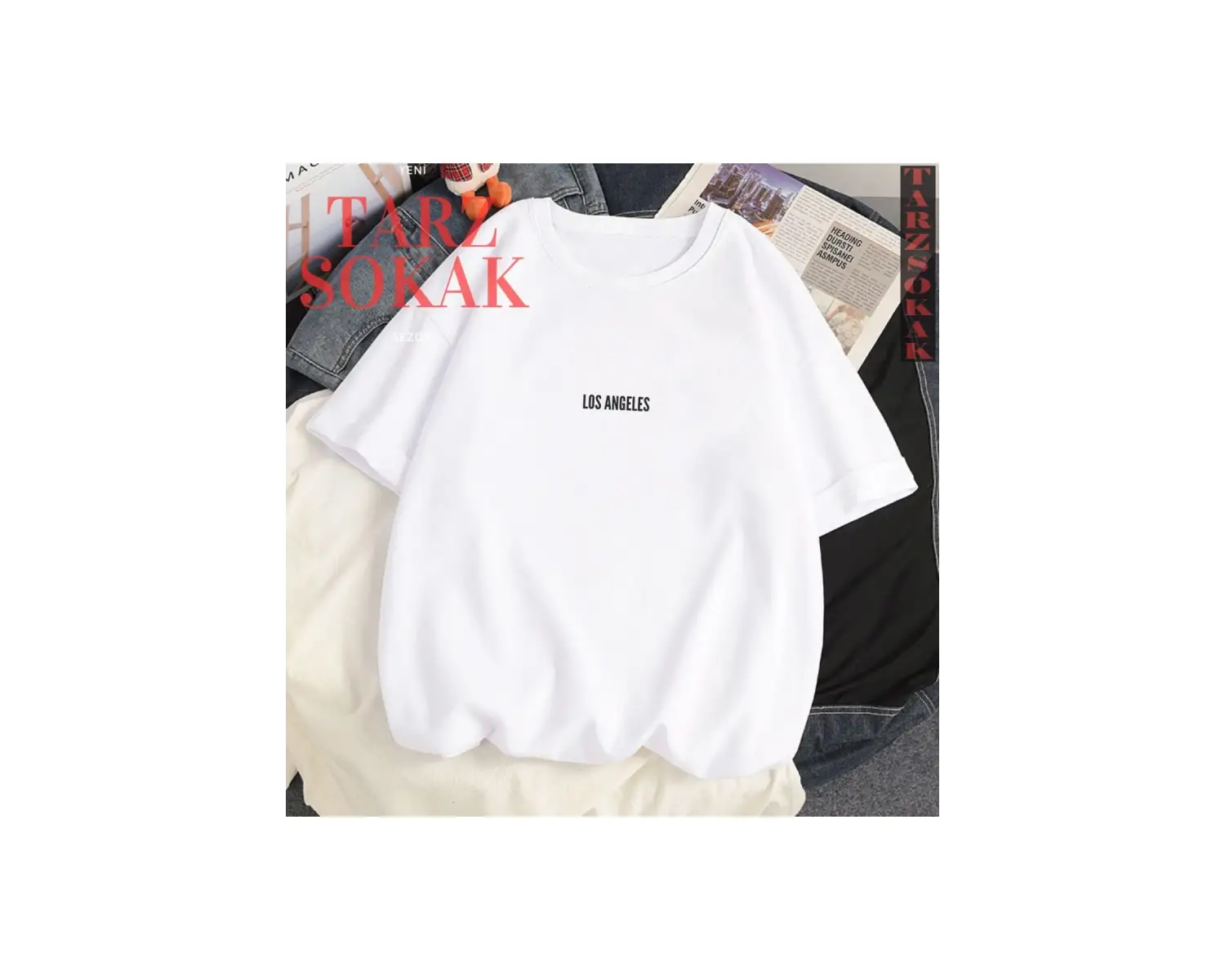 Unisex Kadın/Erkek LOS ANGELES Yazı Özel Renkli Oversize Bisiklet Yaka Pamuklu T-Shirt