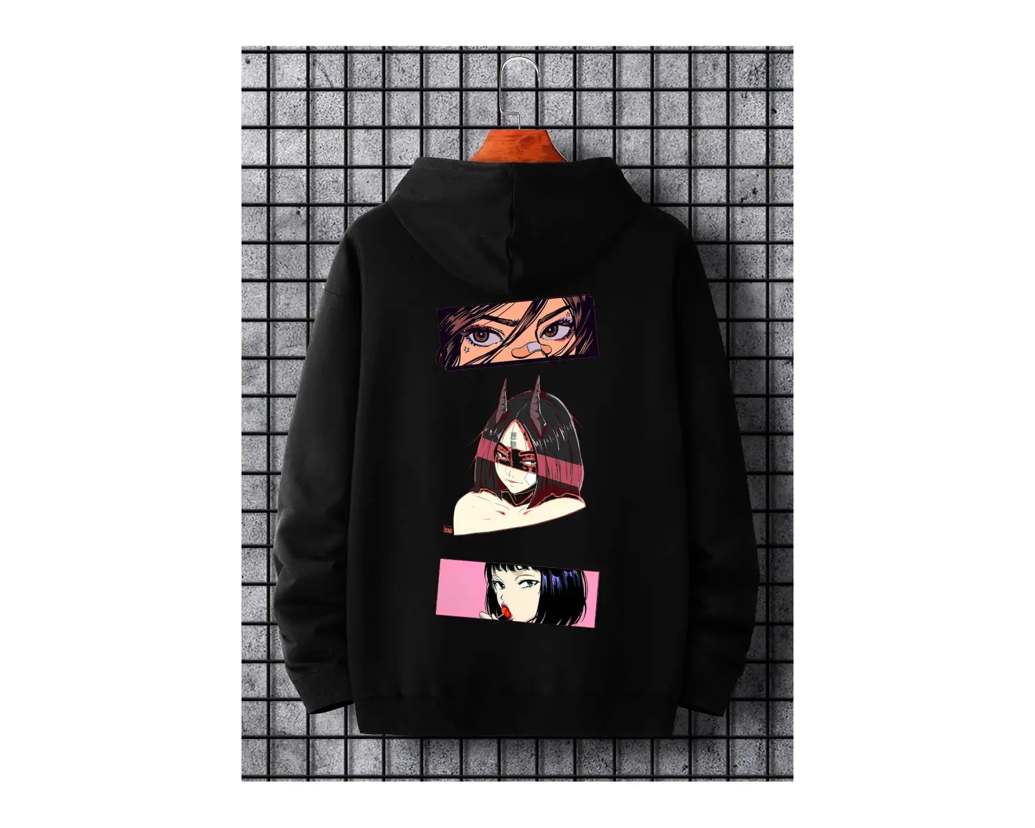 Unisex Kadın/Erkek Siyah Anime Oversize Bisiklet Yaka Pamuklu Sweatshirt