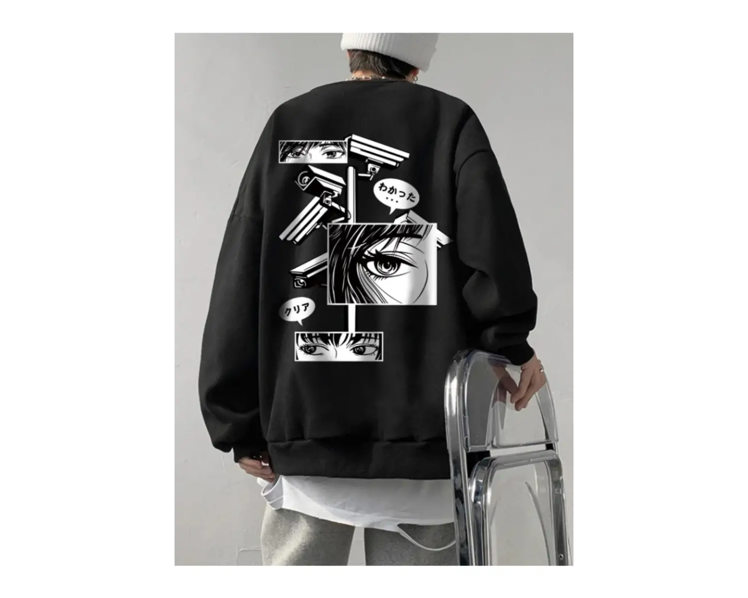 Unisex Kadın/Erkek Siyah Anime Oversize Bisiklet Yaka Pamuklu Sweatshirt